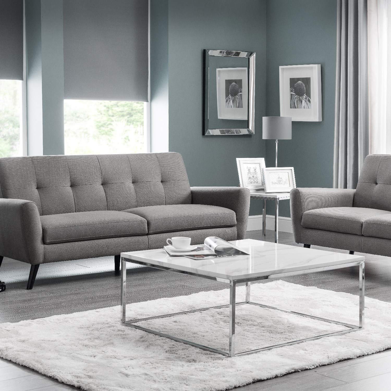 Julian Bowen Scala - Mesa de lámpara superior, mármol blanco y cromo, mesa decorativa lujosa y contemporánea