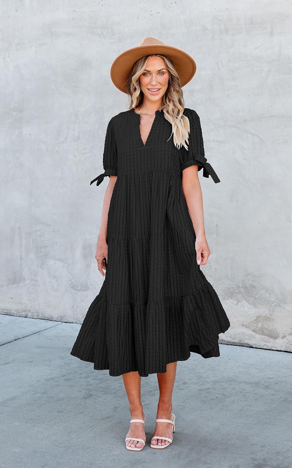 ECOWISH Women Summer Casual Dress - V Neck Short Sleeve Gingham Midi Pleated Tiered Loose Fit Holiday Picnic Dresses - Image 2