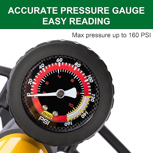 Miniatura 3 de Bomba de bicicleta con manómetro - Bomba de piso de bicicleta de 160 PSI se adapta a válvulas Presta y Schrader - Bomba de bicicleta con inflador de