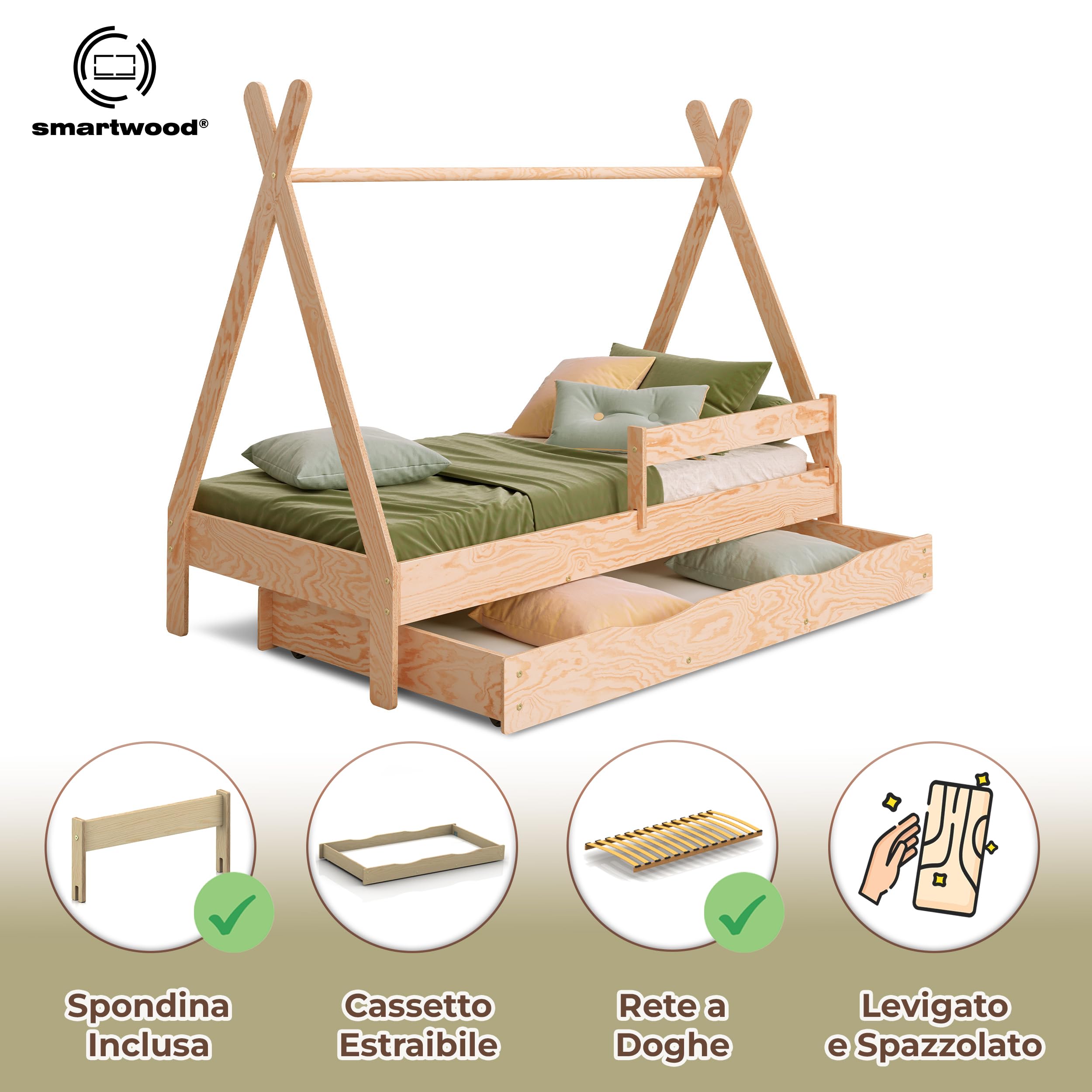 smartwood Letto Casetta Bambini 80x160 cm - Letto Singolo con Cassetto TIPI D in Legno di Pino FSC con Sponda Anticaduta e Reta a Doghe Fino a 230 kg - Per Bambino e Bambina - Montaggio Facile