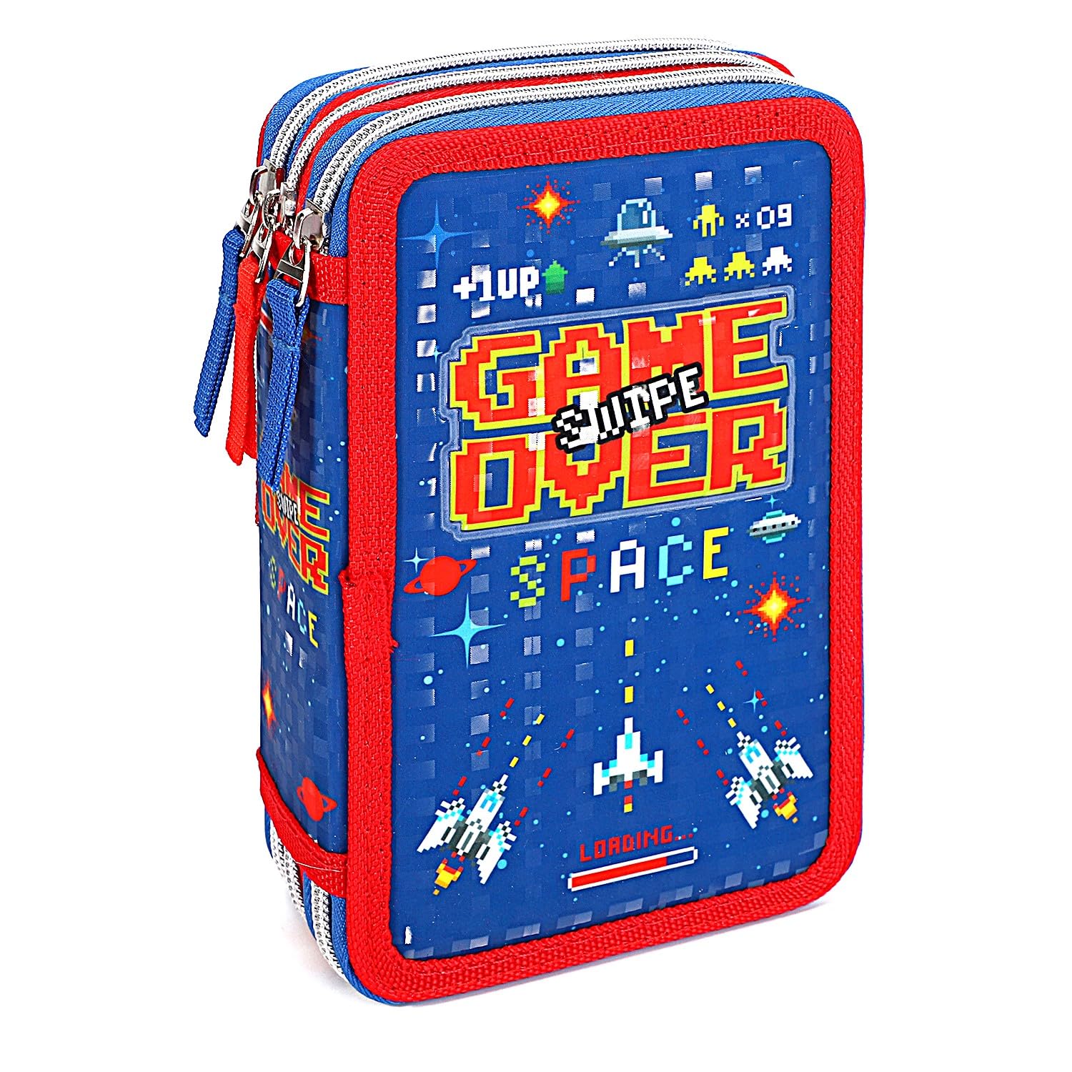 TDL Game Over Pencil Case 45 pcs Pre-Filled 3 Layers Kids Boys Pouch with Multi Compartments