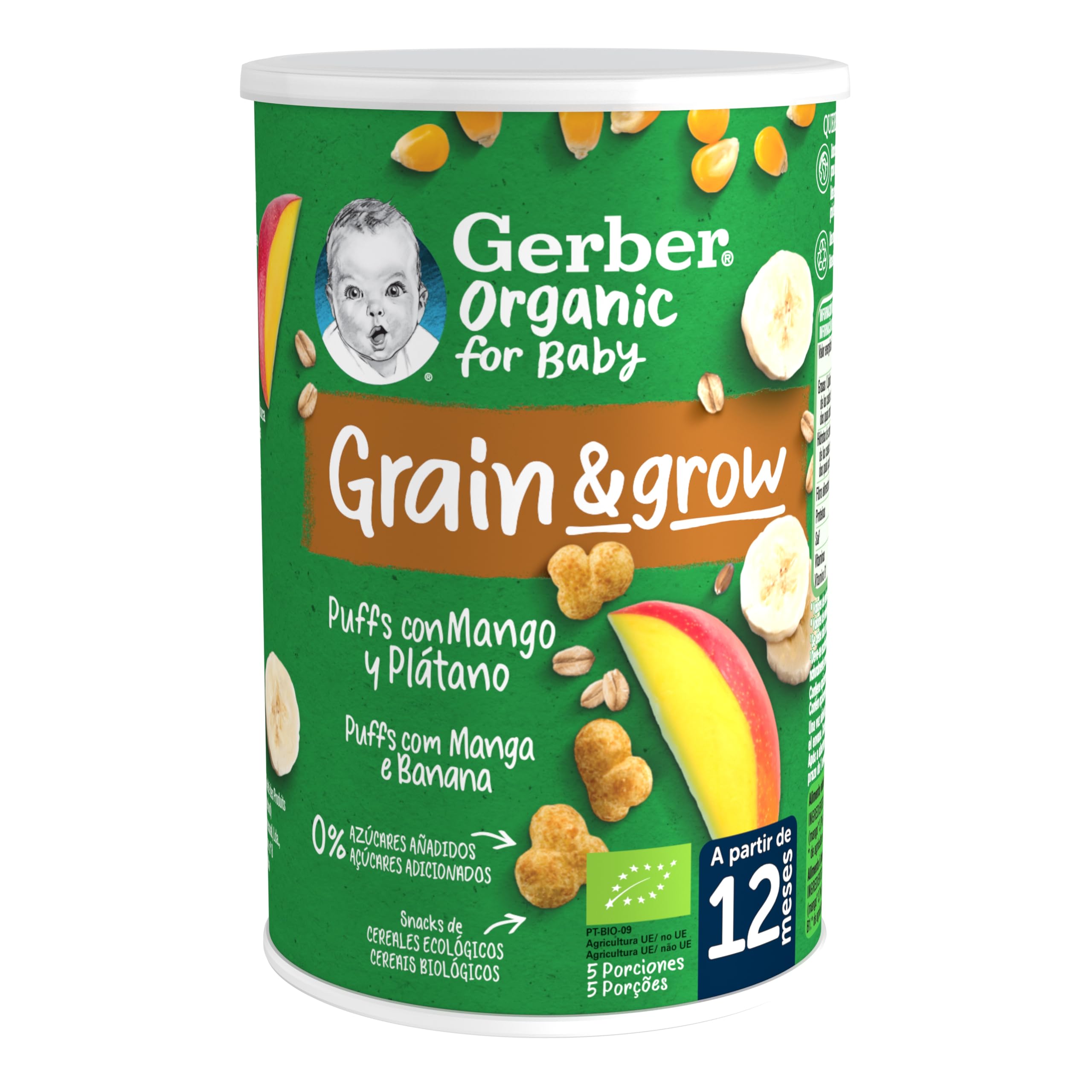 Gerber Organic Snack Maíz y Avena con Mango, 12 meses, 5 x 35 g