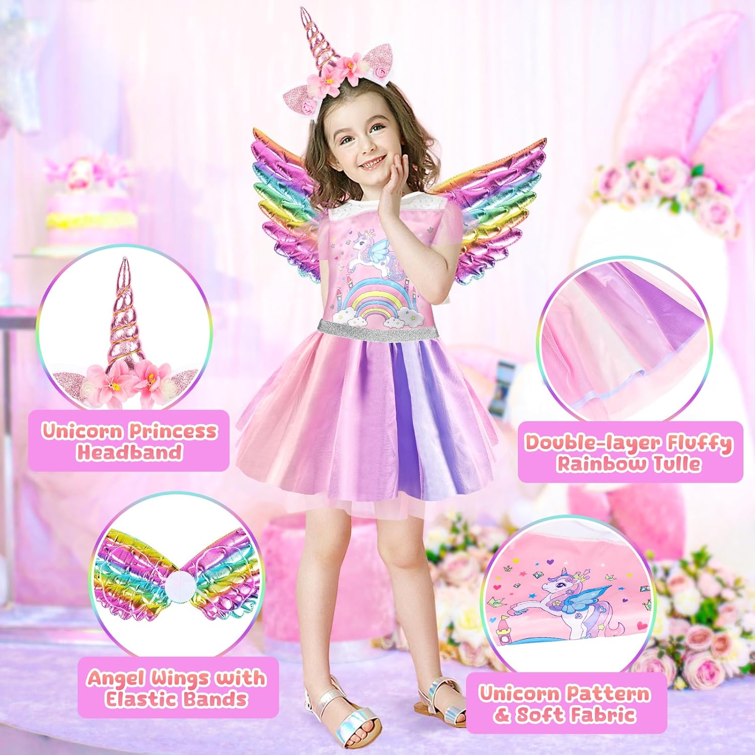 Princess Dress Up, Toddler Dress Up with Princess Costumes and Toys, Butterfly & Unicorn Dress with Fairy Wings, Pretend Play for Toddlers 3-6, Halloween Christmas Birthday Gift for Kids - Image 4