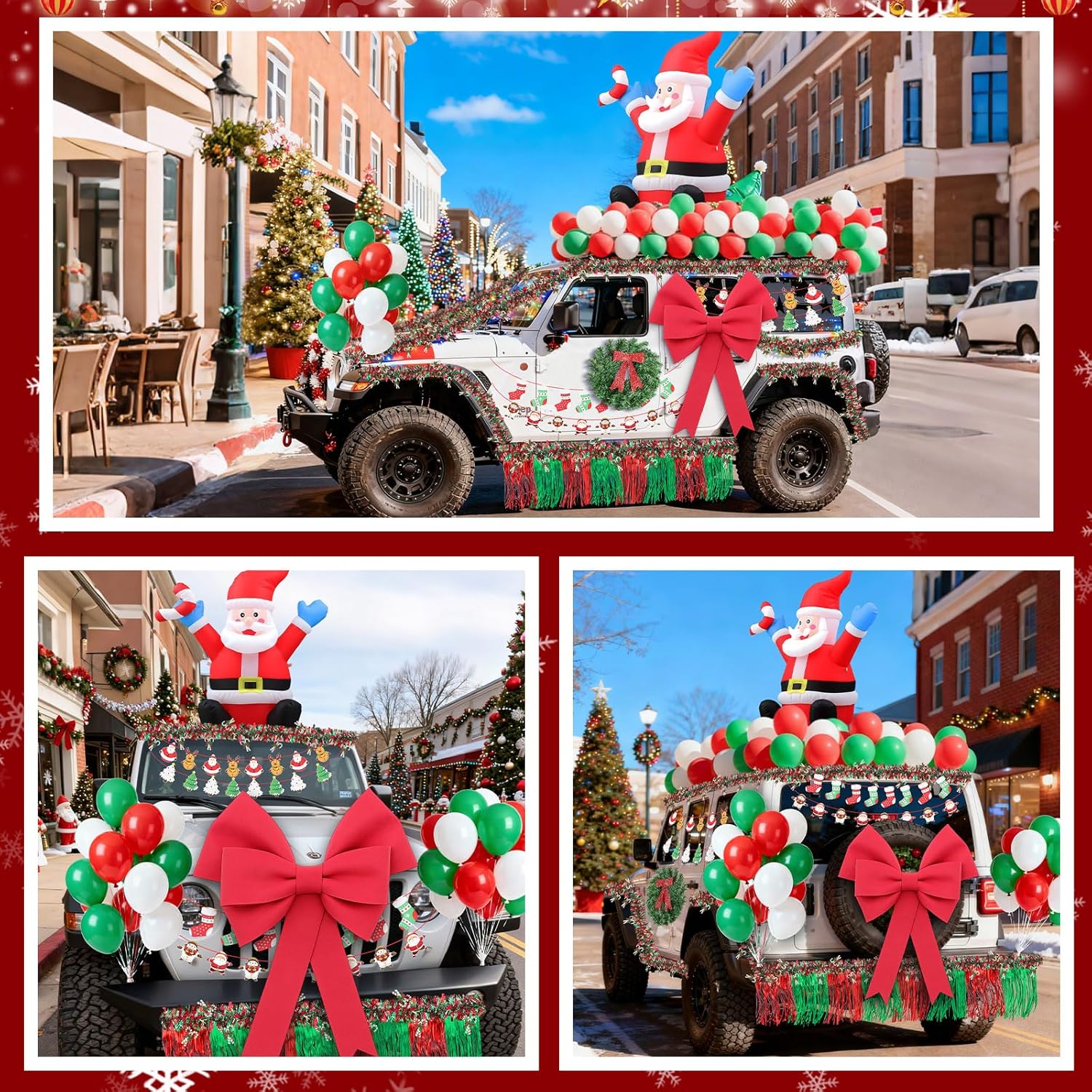 75pcs Christmas Parade Float Large Car Decoration 48inch Inflatable Santa Claus 24inch Giant Bow 1christmas Wreath 4red Green Metallic Foil Fringe 4 118.8inch Tinsel Garland 4banner 60balloon
