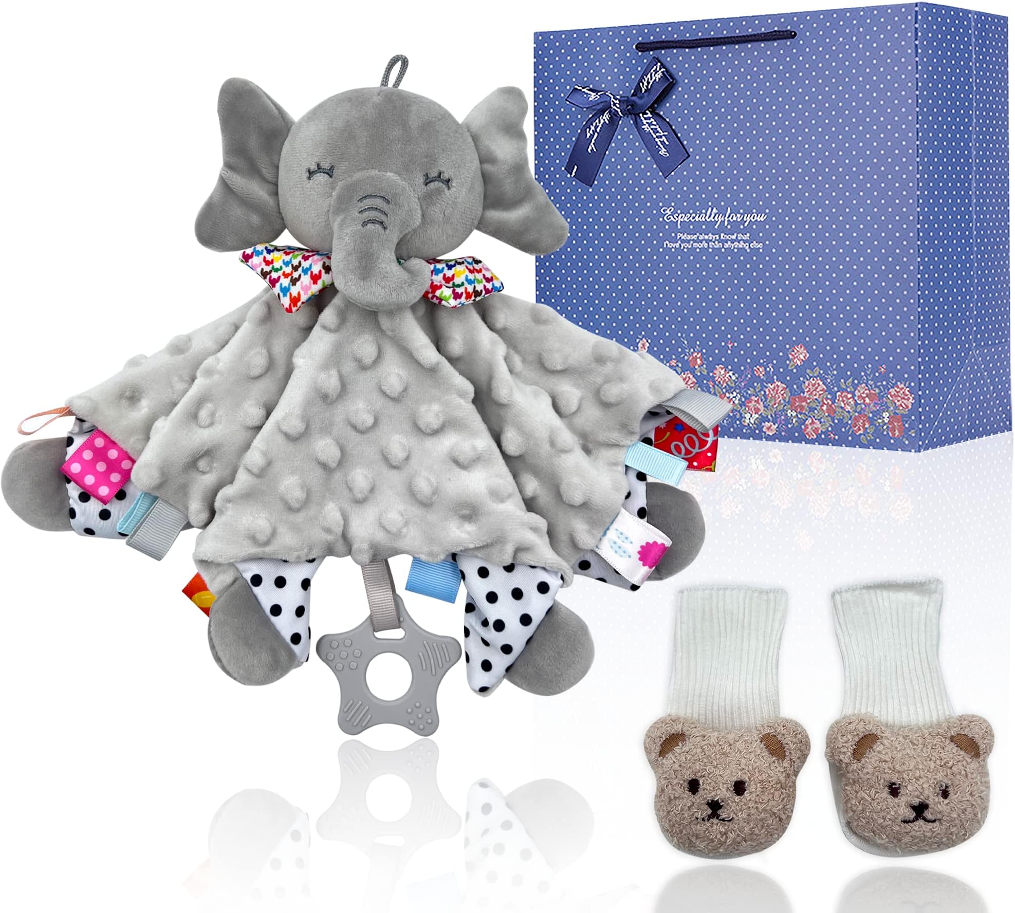 Baby Gifts Set, Keepsake Set,Baby Shower Gifts Includes Baby Lovey Blanket and Funny Baby Sock,New Born Baby Gift,Unique Present for Baby Shower & Newborn Lovey(Elephant Baby Comforter & Bear Socks)