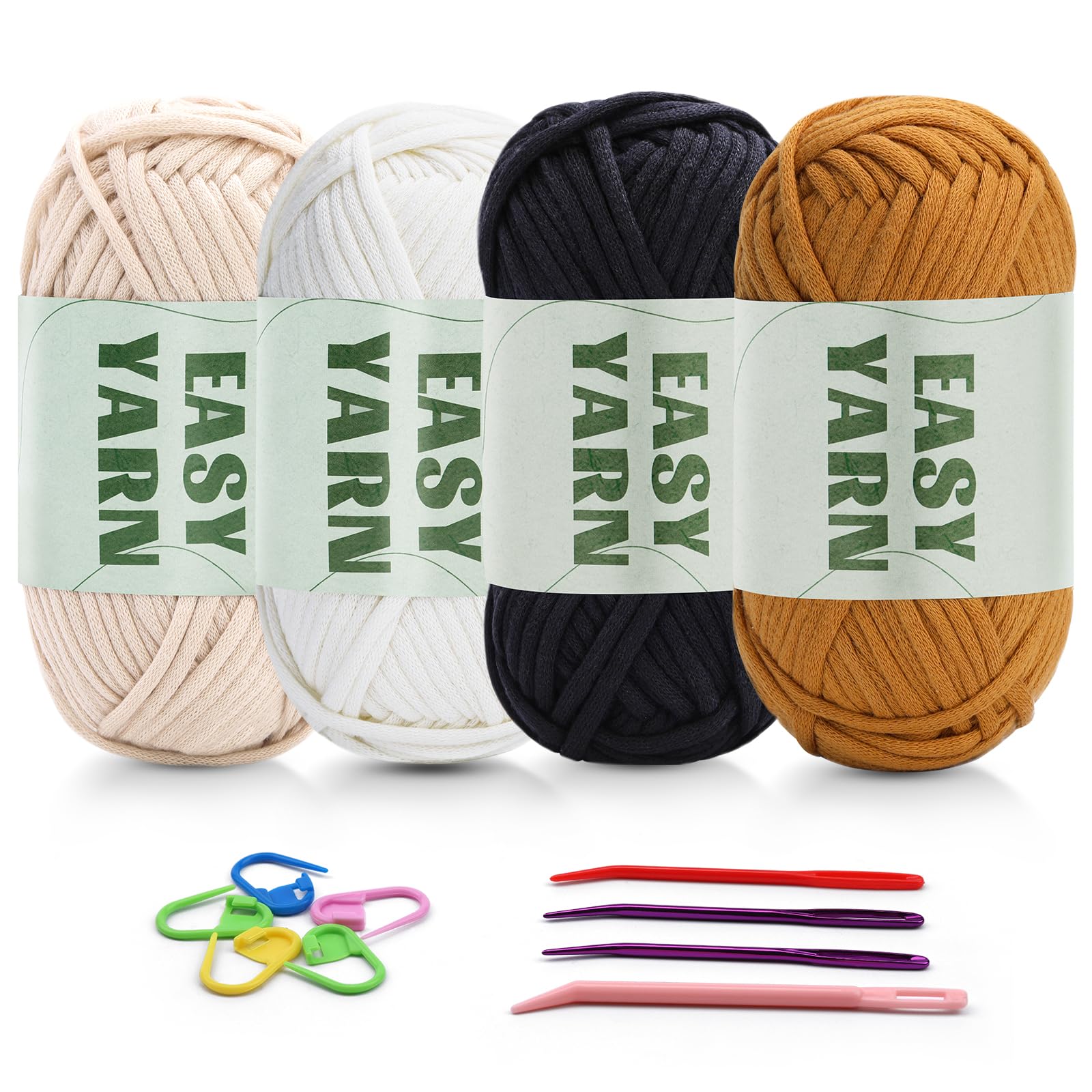 4 X 50g Häkelgarn Baumwolle Chenille Wolle Zum Häkeln Yarn Cotton Dicke Schlauchgarn zum Häkeln gut Sichtbare Maschen, Wolle zum Anfänger Dickes Garn Baumwoll-Nylon(Beige + Braun + Weiß + Schwarz)