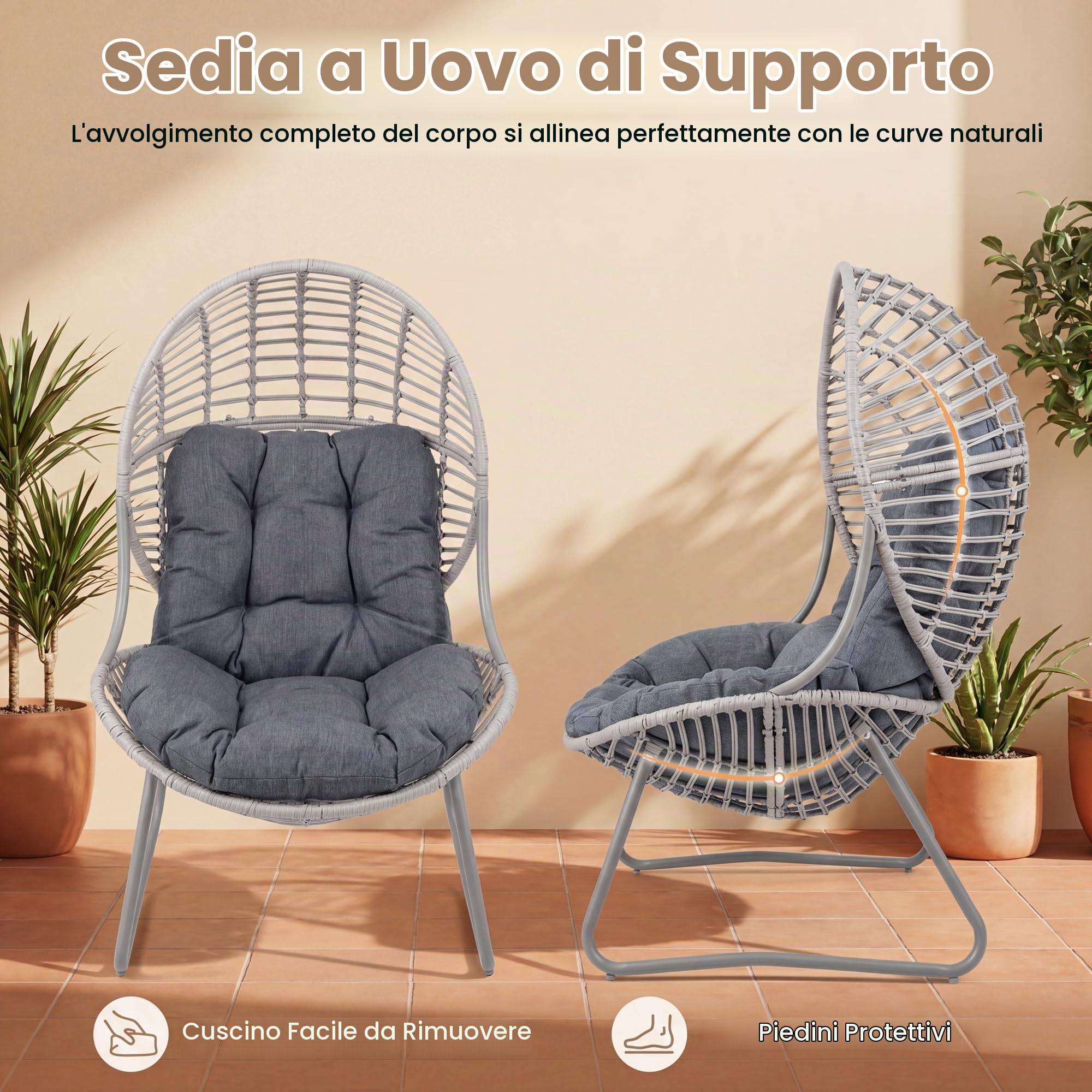 LIFEZEAL Poltrona da Esterno in Rattan PE, Poltrona a Forma di Uovo con Cuscino Rimovibile e Piedini Regolabili, Design Ergonomico, Sedia per Interno, Giardino, Balcone, 98 x 88,5 x 137,5 cm