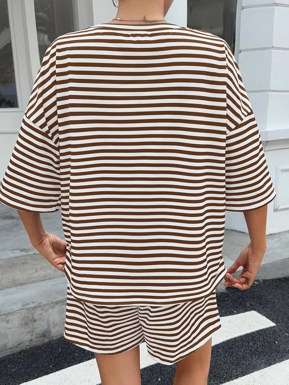 Fisoew Womens Striped 2 Piece Outfits Sweatsuits 3/4 Sleeve Oversized Tops High Waisted Shorts Casual Lounge Sets - Image 5