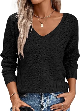 Lightweight Sweaters for Women 2026 Spring Long Sleeve V Neck Hollow Out Crochet Pullover Knit Tops Daily Wear