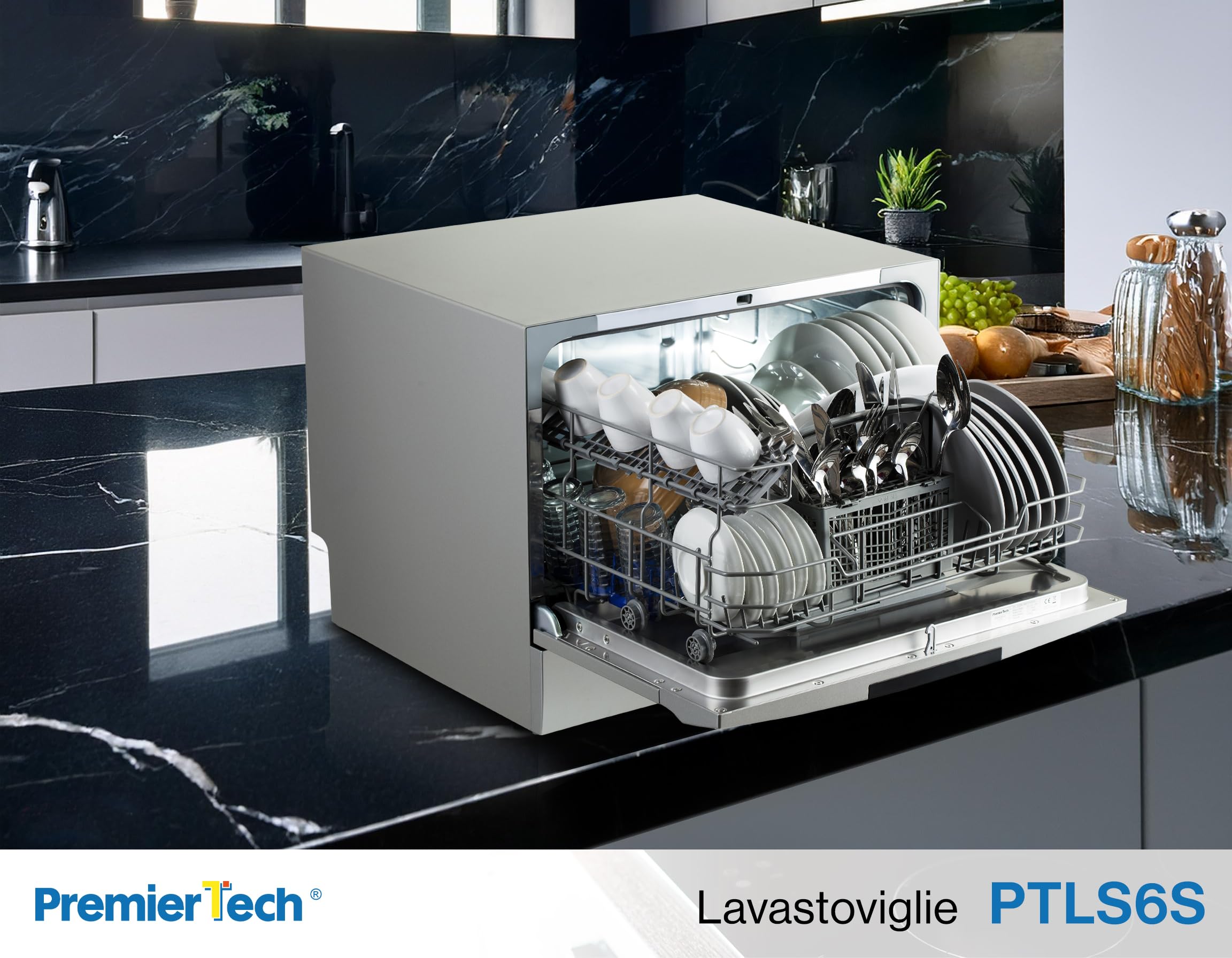 PremierTech Mini Lavastoviglie compatta da tavolo, Lavastoviglie 6 coperti, 8 programmi, Libera Installazione e Incasso, Da Appoggio, Display Led, Silver PTLS6S