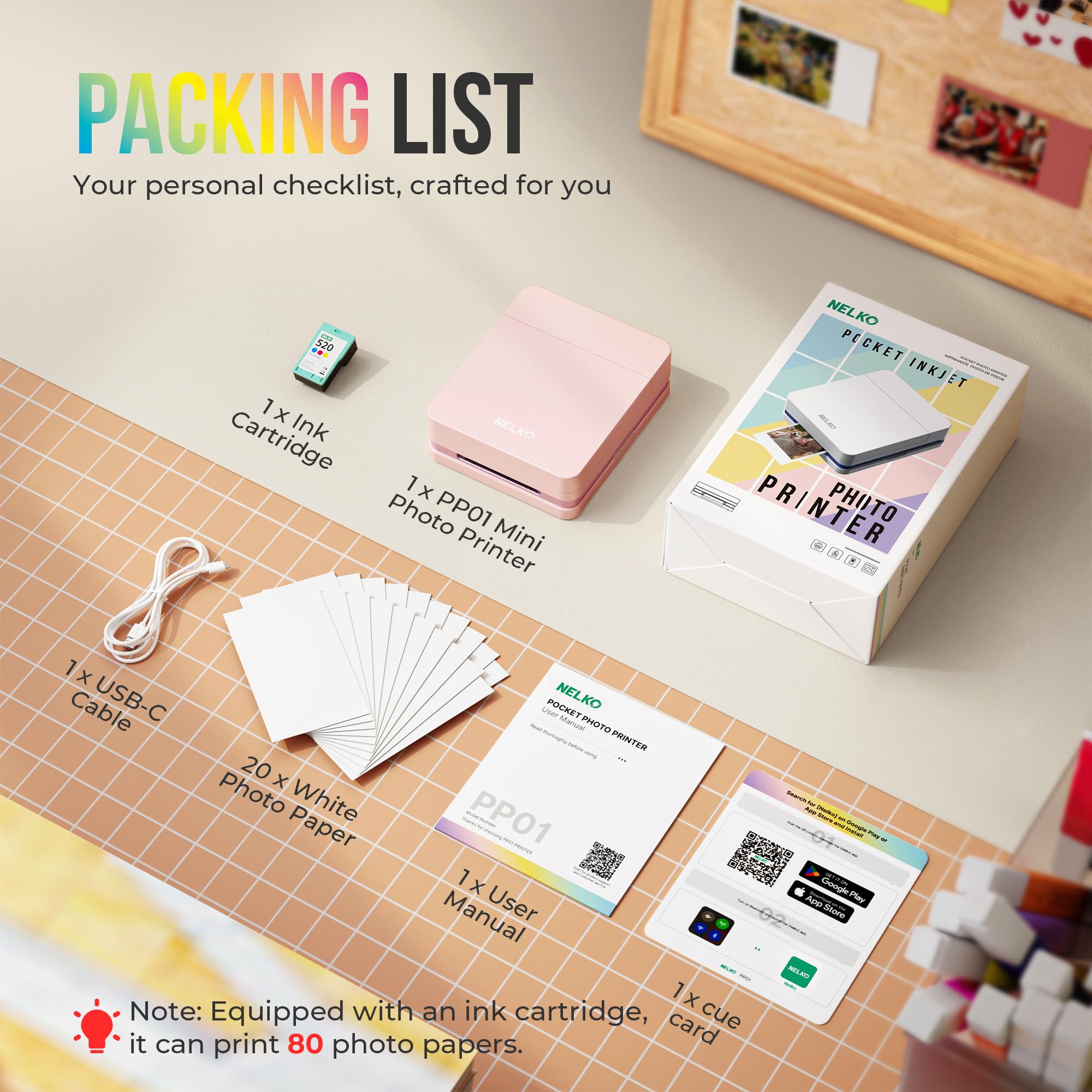 Nelko Photo Printer, PP01 Color Portable Mini Photo Printer, Instant Smartphone Inkjet Sticker Printer, Sticky-Back Photos, for iOS & Android, Fun Editing Smart AI APP, Pink — view 6