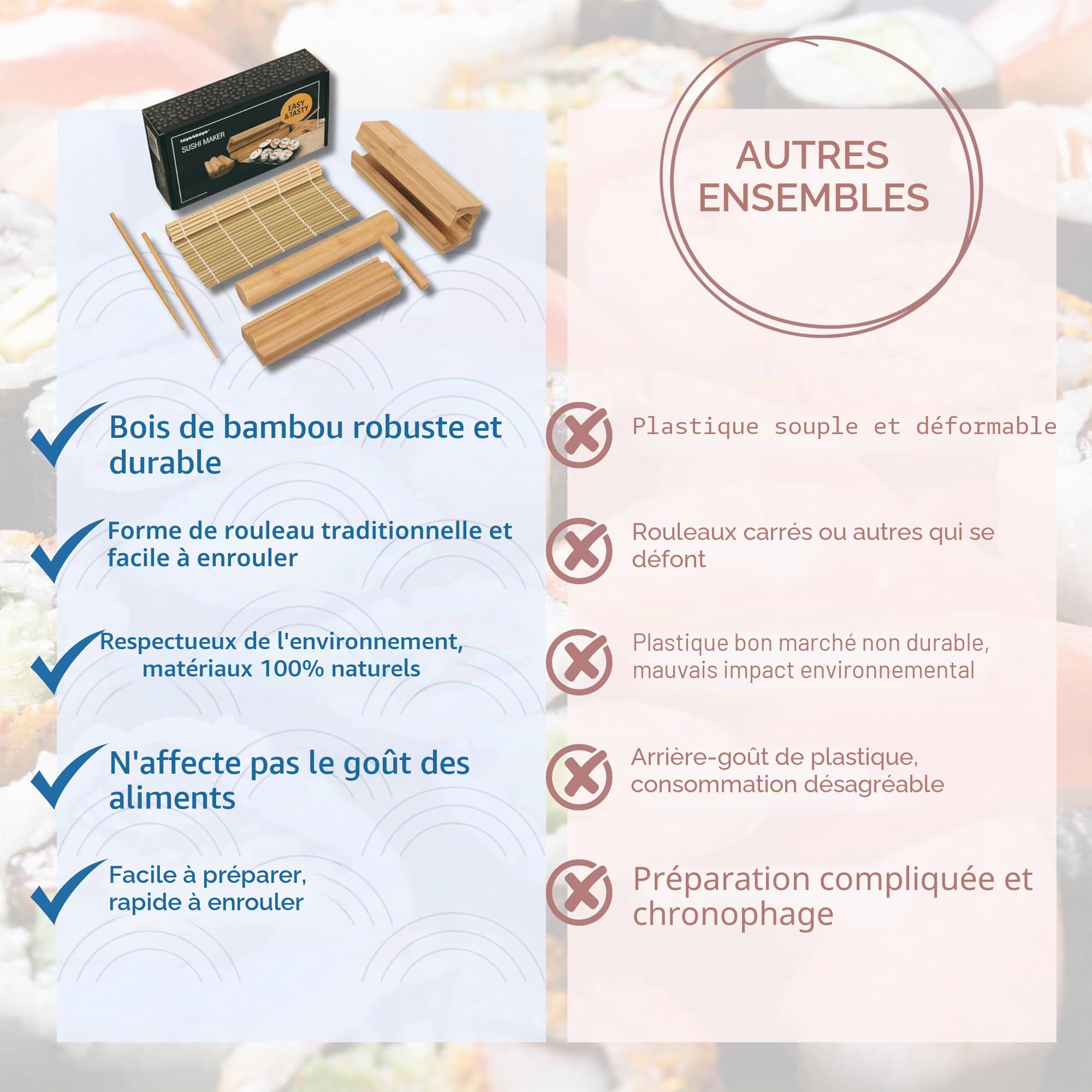Toys4Boys Bambou Kit Sushi Complet - Sushi Maker - Japonais Accessoire de Haute Qualité - Appareil pour Maki et Onigiri