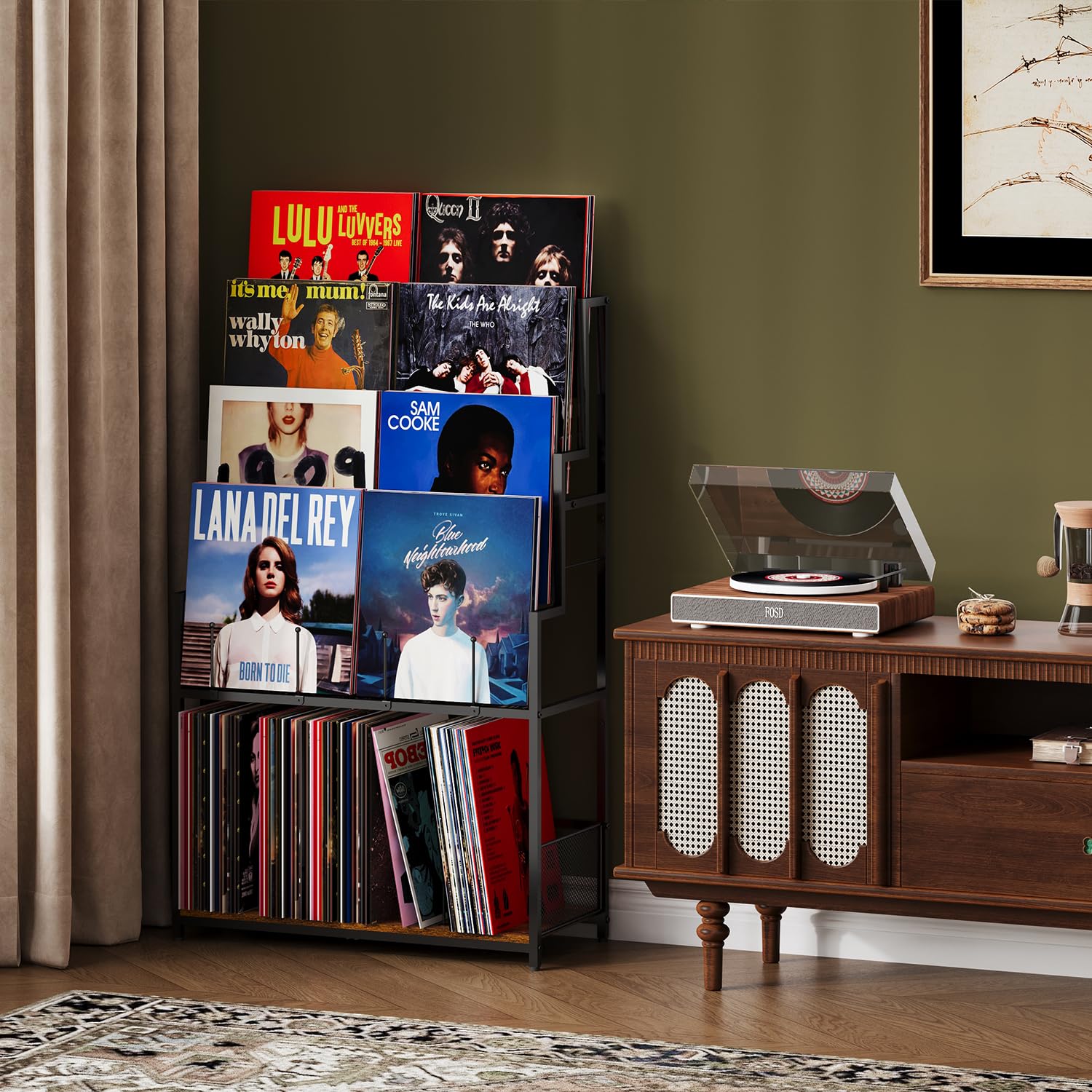 Soporte de almacenamiento de discos de vinilo de 5 niveles con estante de exhibición de discos, organizador de vinilo de gran capacidad, almacenamiento de 250-320 álbumes, estante de metal para LP, CD