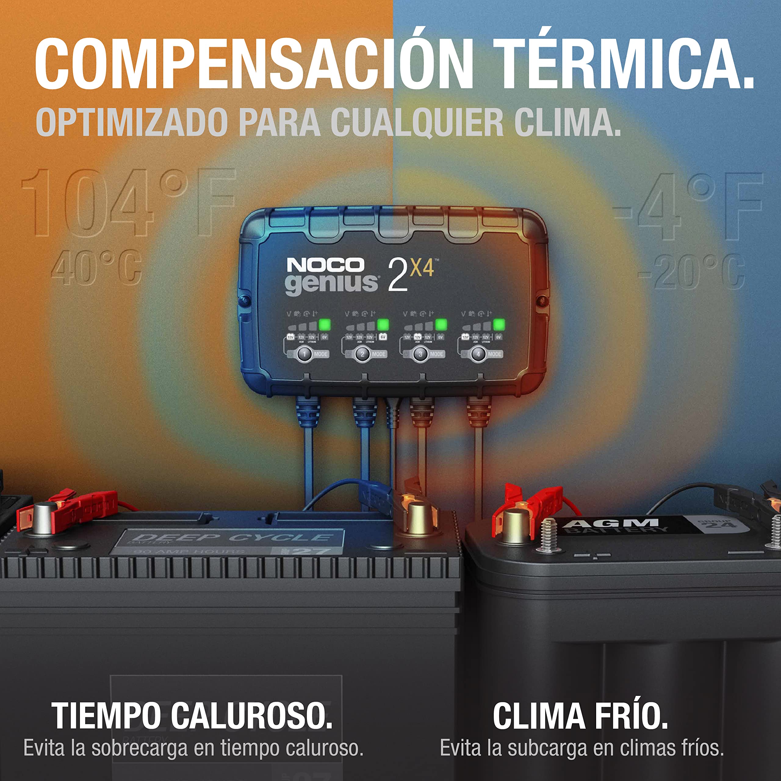 NOCO GENIUS2X4: Cargador Inteligente de baterías 8A con 4 Bancos (2A/Banco) – Mantenedor automático y desulfatador 6V/12V – Protección contra sobrecarga – para baterías de Plomo y Litio