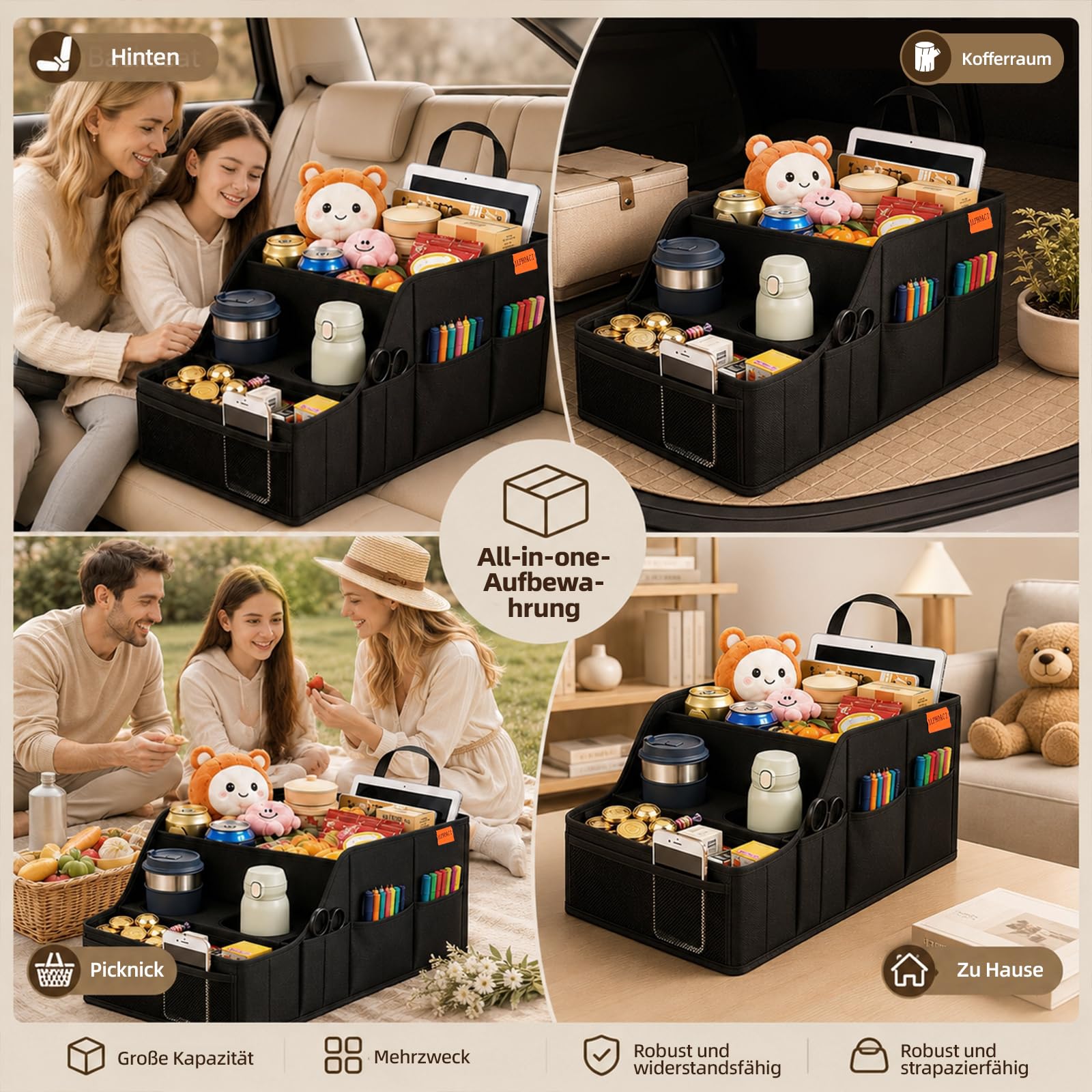 Auto Organizer – stabil, faltbar – 9 Fächer, 2 Getränkehalter – auto organizer für Rücksitz & Beifahrersitz – viel Platz – ideal für Reisen (Schwarz)