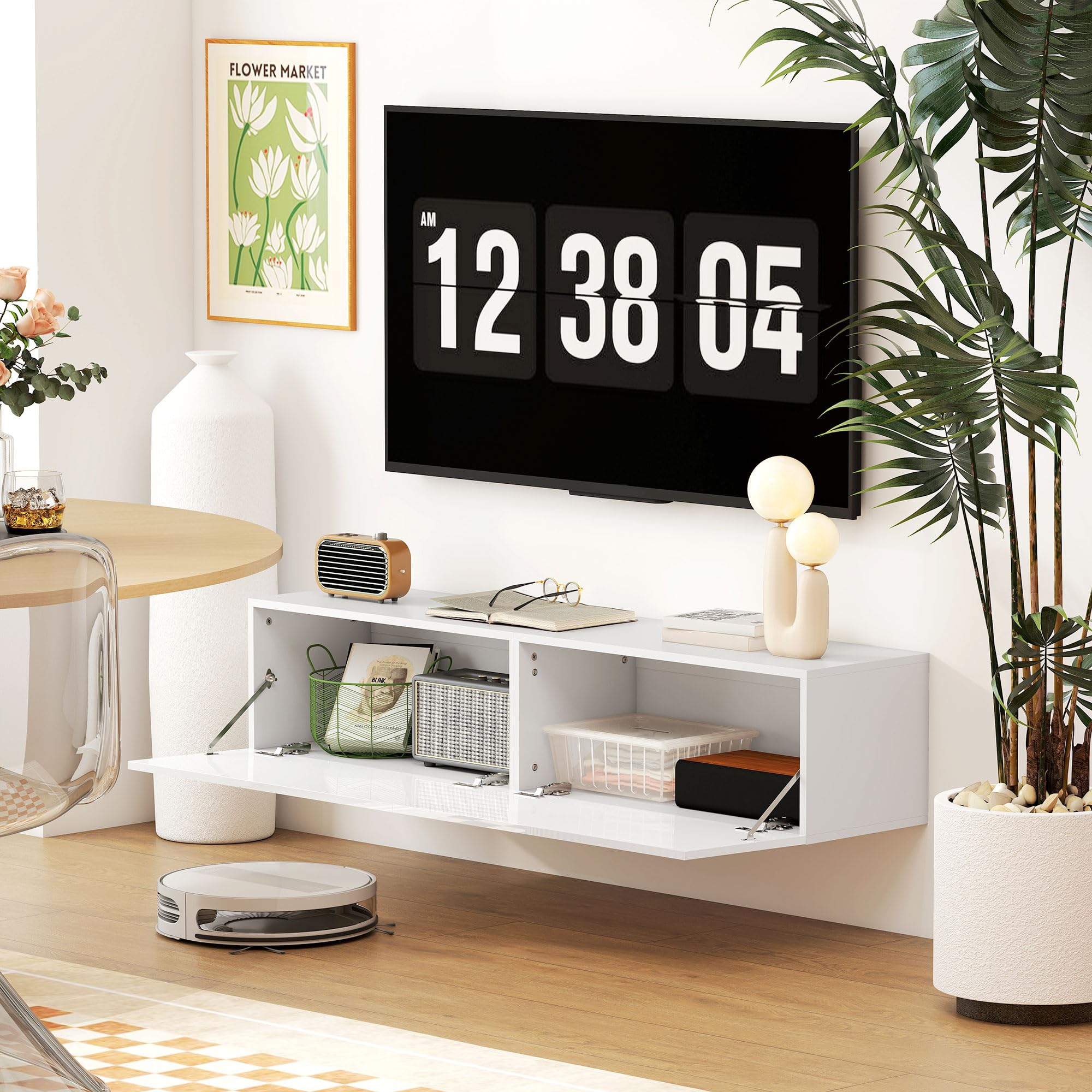 HOMCOM Mobile TV Sospeso per Televisori 45"-55"-65" Mobile Porta TV con 2 Armadietti con Ante a Ribalta per Salotto, Soggiorno e Camera da Letto 140x33x29.8 cm Bianco Lucido