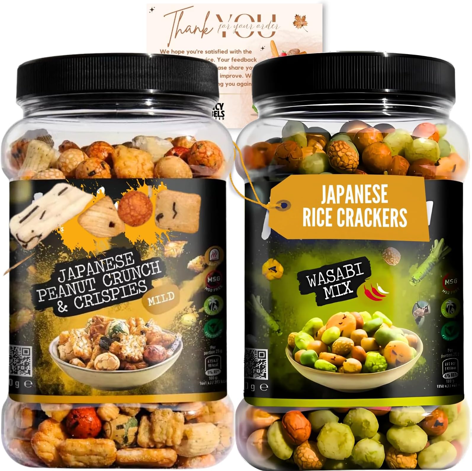 Mitsuba Rice Crackers Snacks with Mitsuba Japanese Peanut Crunch & Crispies Mild 650g and Mitsuba Wasabi Mix 800g Bundle with Fancy Labels Thank You Card | Perfect for Sharing Snacks
