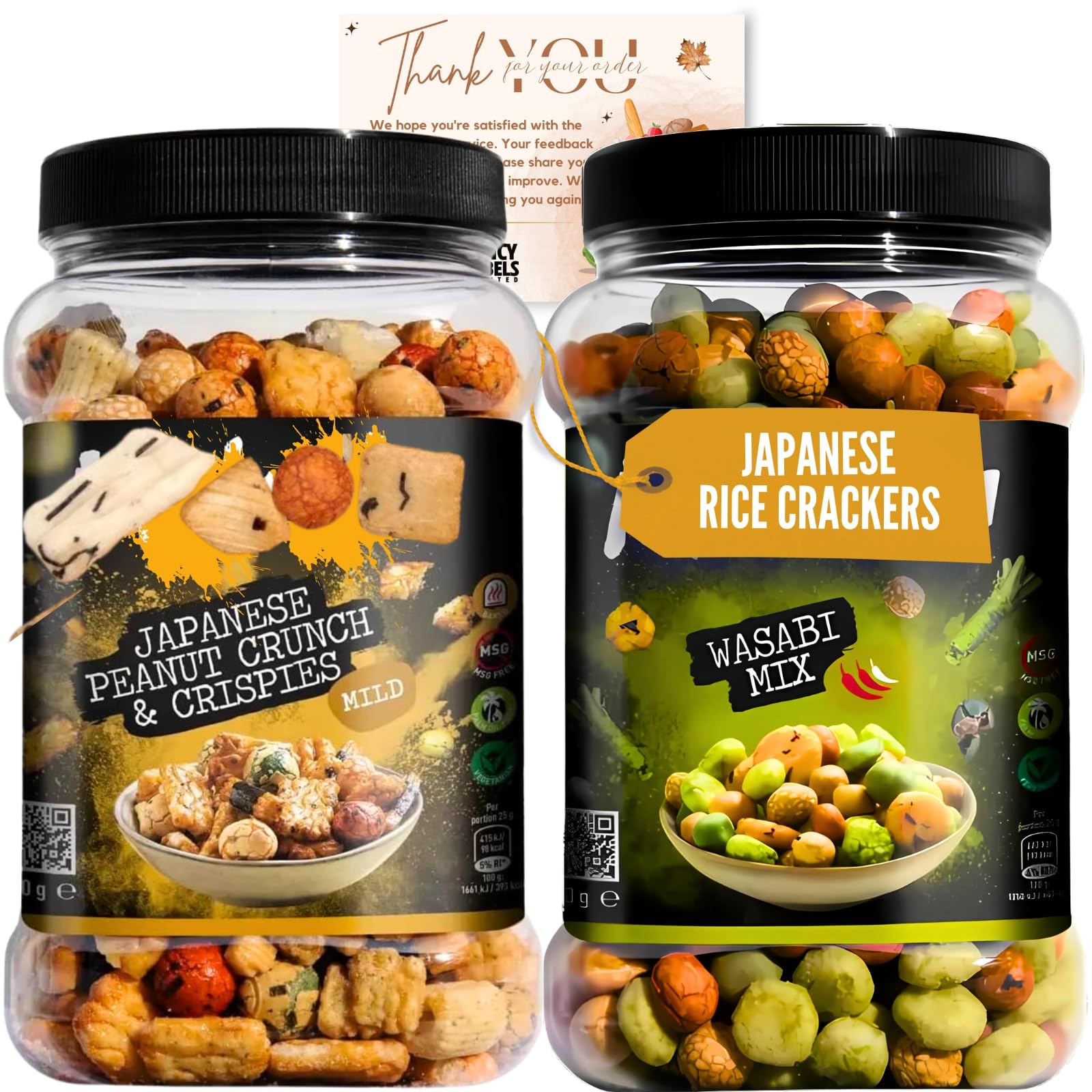 Mitsuba Rice Crackers Snacks with Mitsuba Japanese Peanut Crunch & Crispies Mild 650g and Mitsuba Wasabi Mix 800g Bundle with Fancy Labels Thank You Card | Perfect for Sharing Snacks