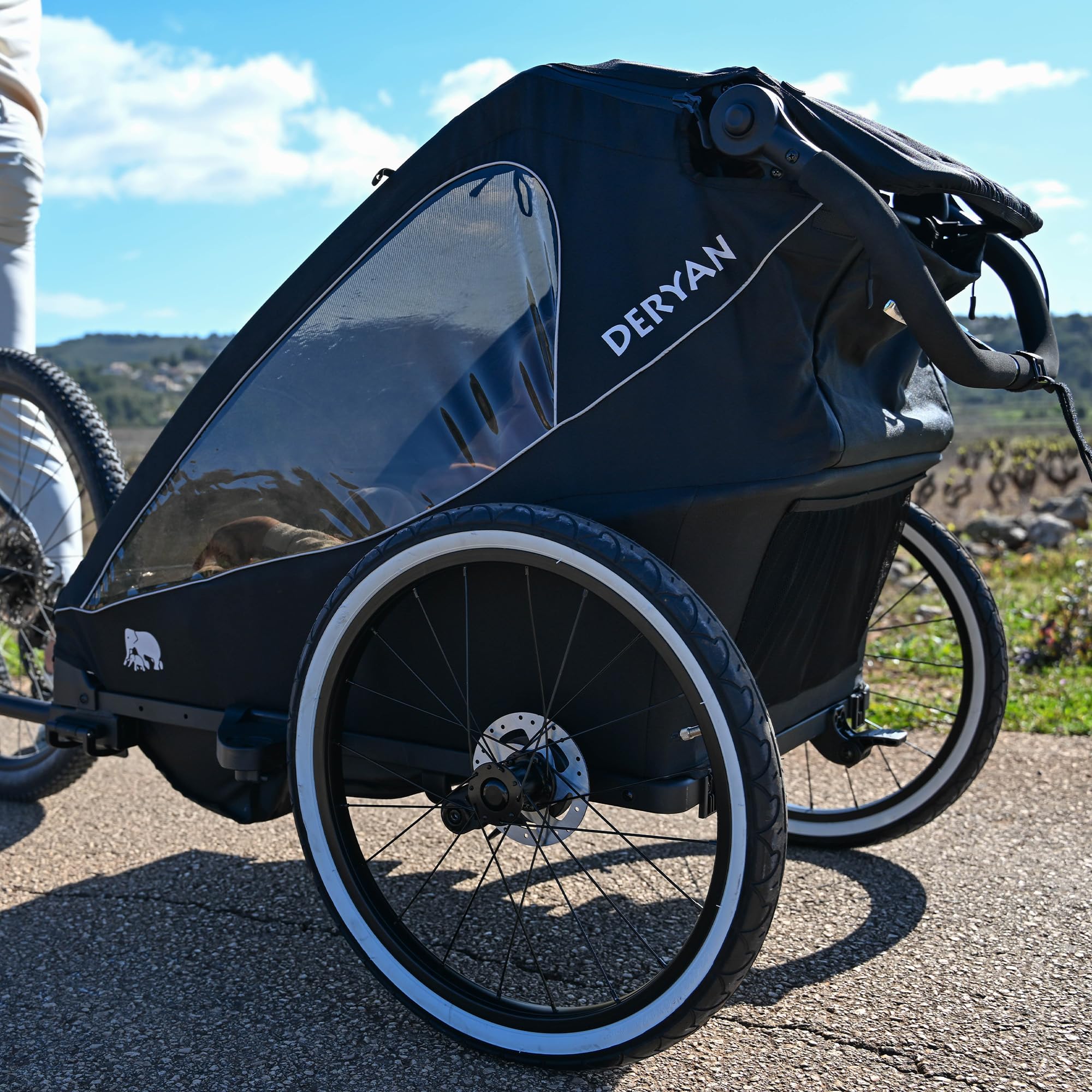 Deryan Luxus 3-in-1 Rimorchio per Bicicletta v2 per 2 Bambini – Rimorchio per Bicicletta, Passeggino & Jogger – Passeggino Multifunzionale con Cintura a 5 Punti – Nero