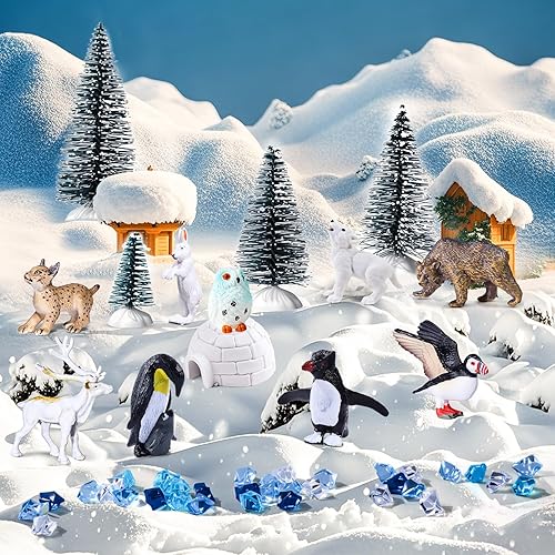 Miniatura 3 de SIENON El juego de 60 juguetes de animales árticos incluye 23 mini animales polares con oso polar, pingüino, caribú, frailecillo, lince, 1 iglú, 4
