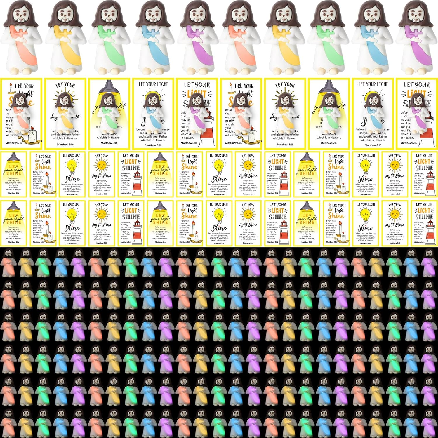 100 Sets Mini Jesus Figurines Bulk Glow in The Dark with Let Your Light Shine Cards for Christmas Decor Church Baptism Sunday School Religious Christian Gifts(Holding A Cross)