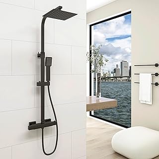 Comprar Aica Sanitarios Columna Ducha Termostática 38℃ Negro Mate Barra Ajustable, Alcachofa de Ducha para Baño
