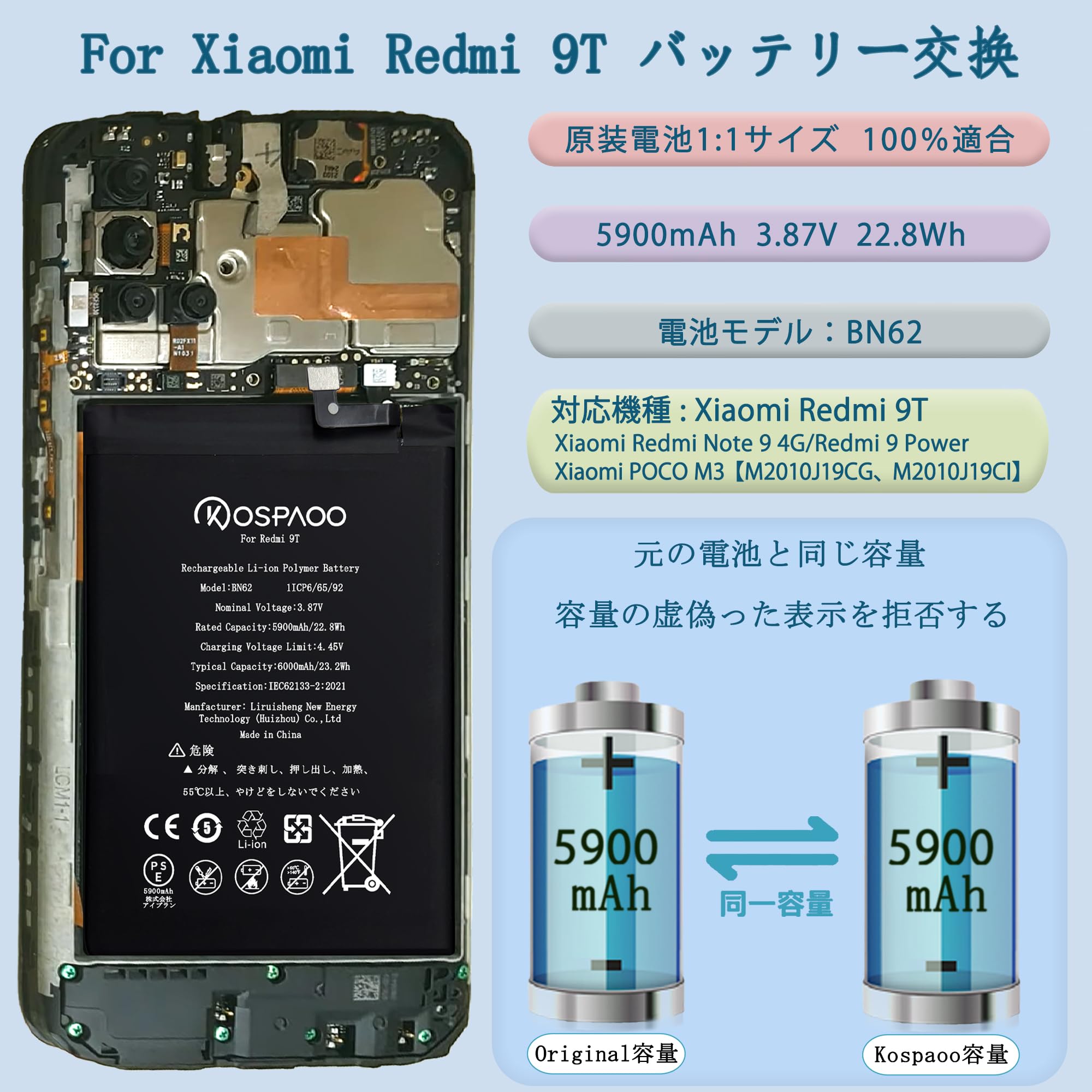 Amazon | KOSPAOO for Xiaomi Redmi 9T バッテリー互換 容量5900mAh