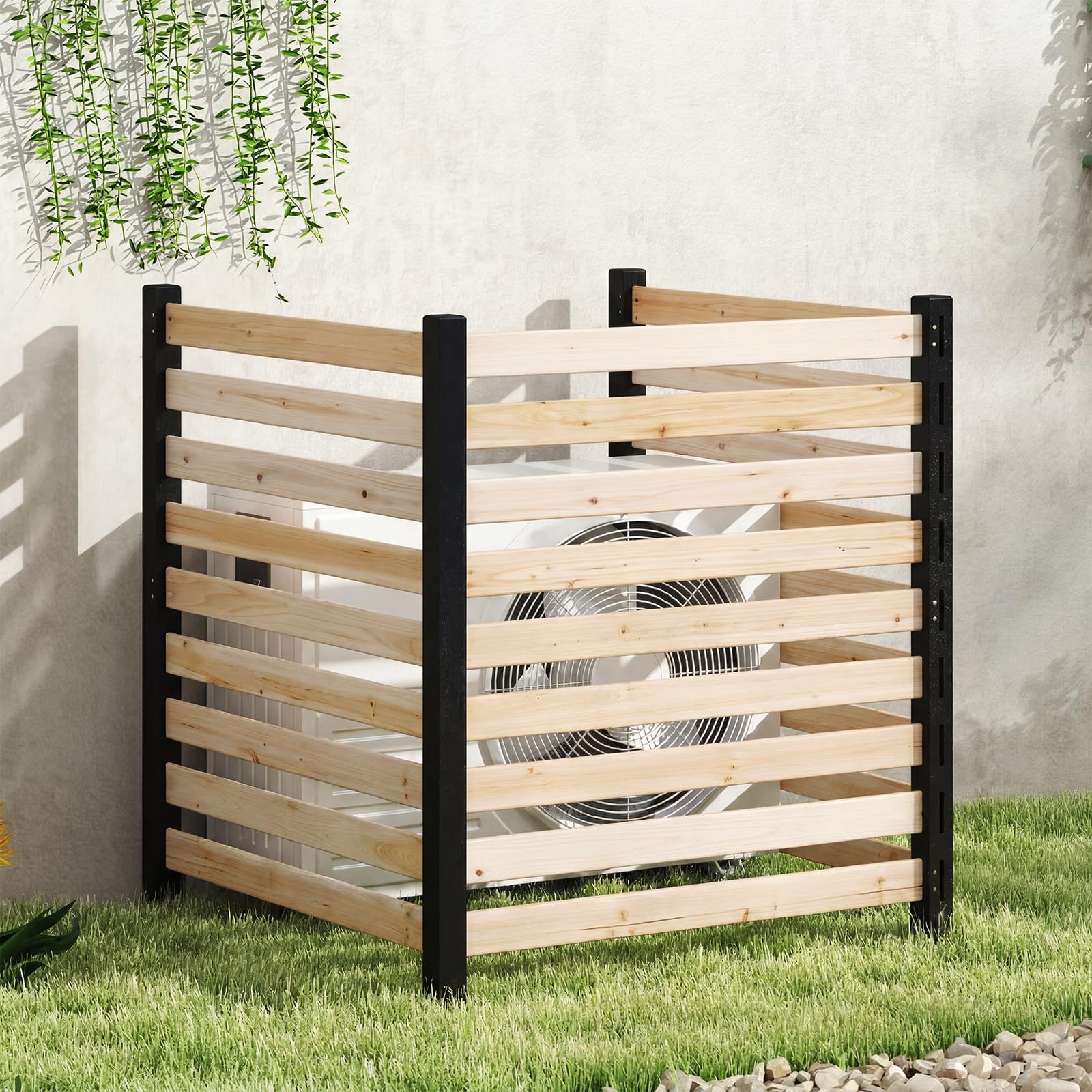 HOMASIS Recinzione da Giardino, Recinzione Decorativa in Legno con 2/3 Pannelli e 3 Picchetti, Design a Doghe, Frangivista Decorativa da Esterno per Bidone Spazzatura (Naturale,98 x 107 cm,3)