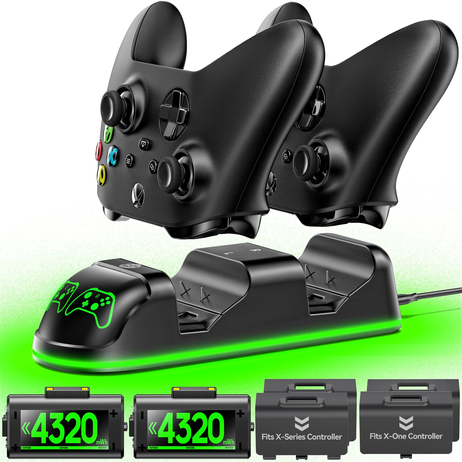Rysker Xbox Controller Charger with Upgraded 2 Packs 4320mWh Rechargeable Battery, Xbox Charging Station with 4 Battery Covers, Xbox Charger for Xbox Series/Xbox One X|S/Elite Controller