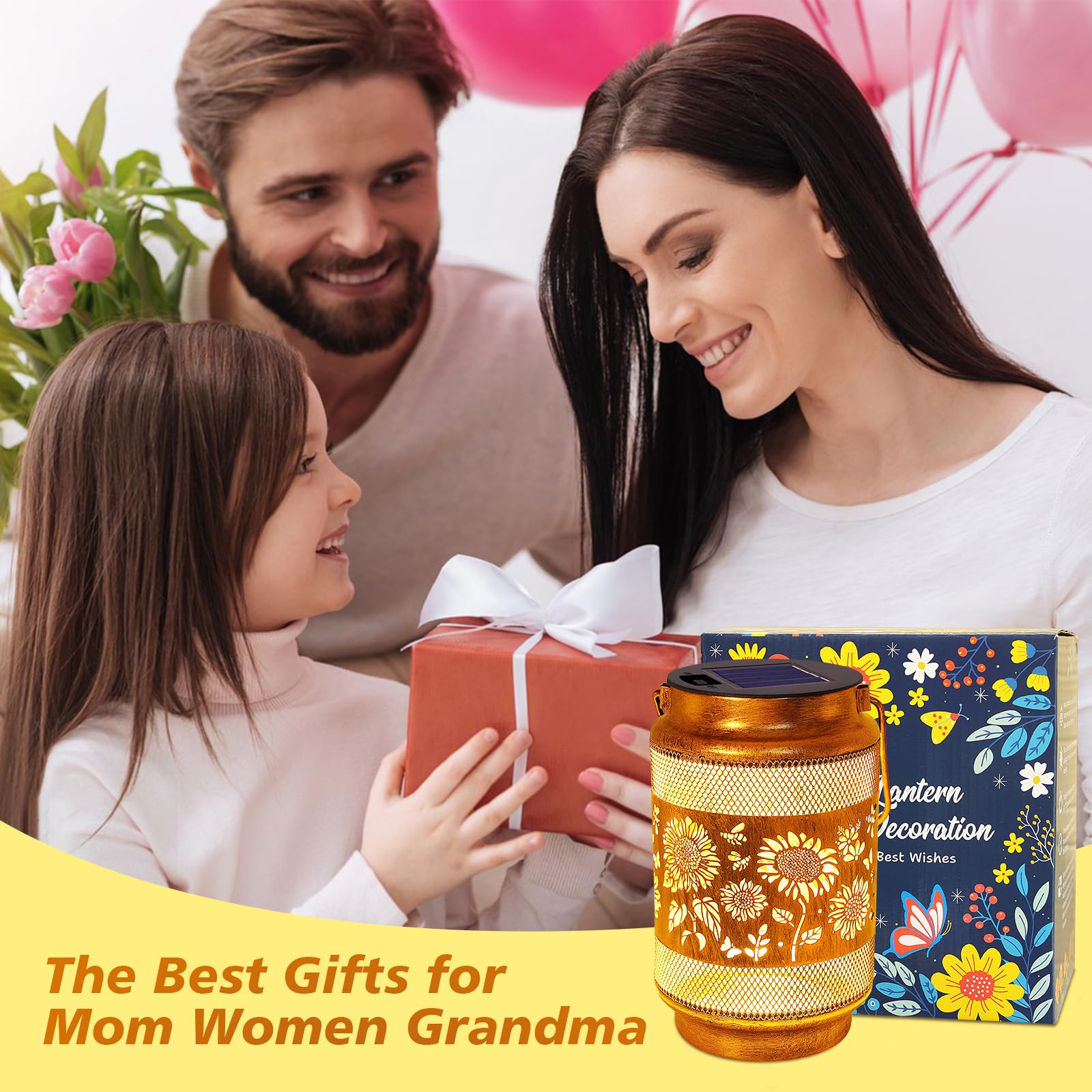 Lanterne solari per esterni, impermeabili, decorazione da giardino, regalo di compleanno per donne, mamma, nonna, girasole in metallo, luci solari da appendere con gancio da pastore, per esterni,