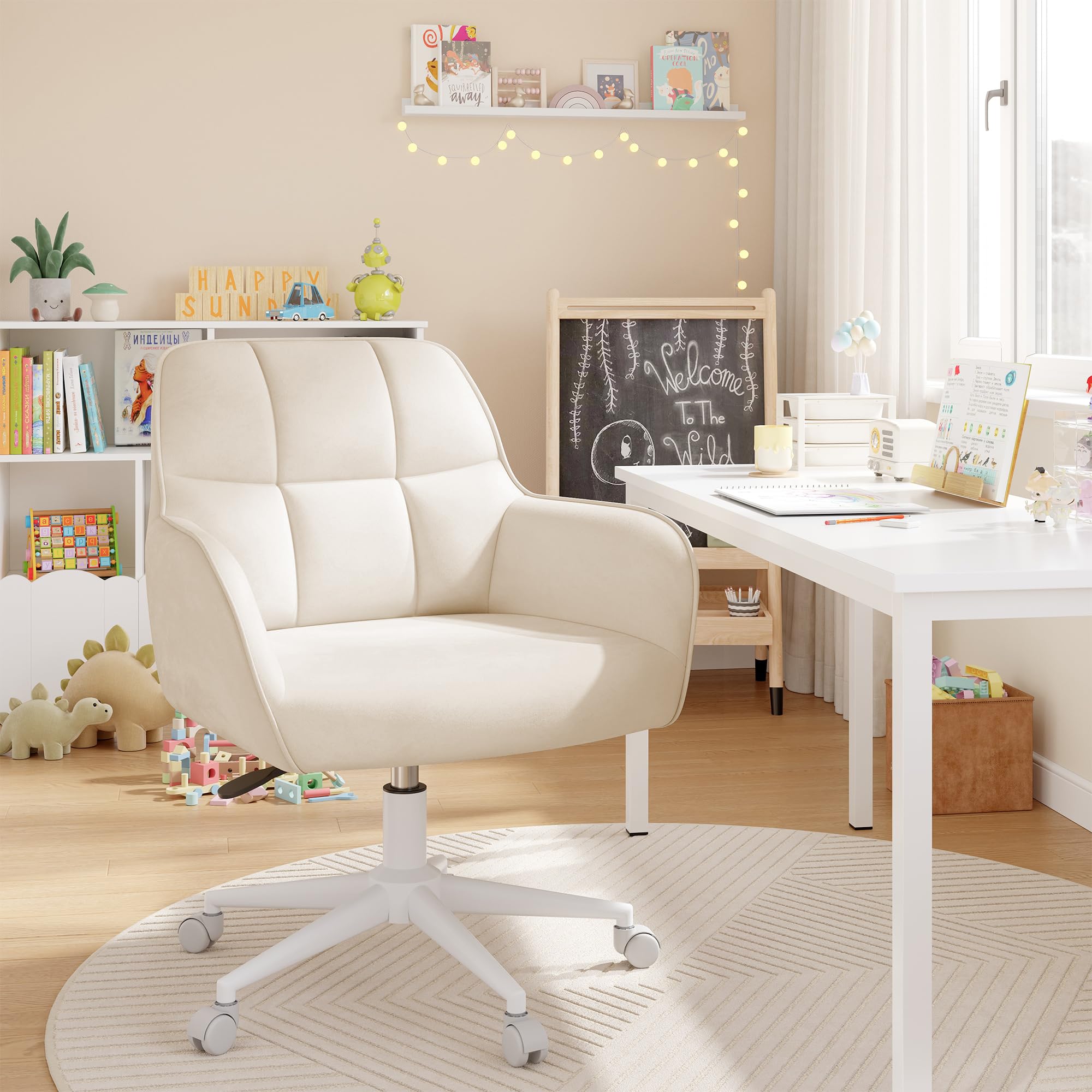 YOUDENOVA Schreibtischstuhl, Drehstuhl mit Rollen, Schminkstuhl Höhenverstellbar, Homeoffice Stuhl, Bürostuhl Ergonomisch, Vanity Chair für Mädchen Arbeitszimmer Schlafzimmer Büro, Samt Beige