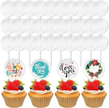 Blank Acrylic Cupcake Toppers, 50 Packs Round Cupcake Topper with Sticks, DIY Dessert Table Cupcake Signs, Suitable for Birthdays, Weddings, Christmas, Baby Showers Cake Decoration
