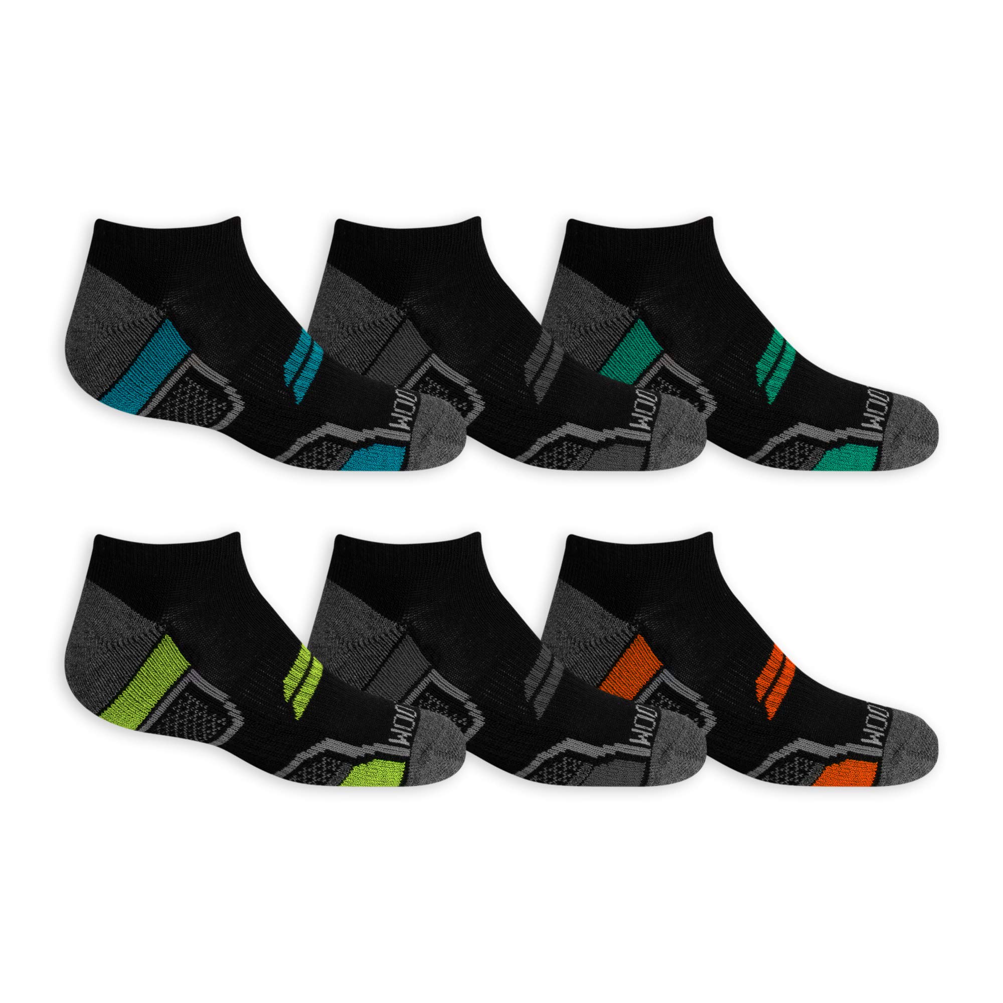 Fruit of the Loom Boys' Everyday Active Cushioned No Show Socks 6 Pair, Black Asst, Shoe Size: 3-9 (FRB10022N6BC002)