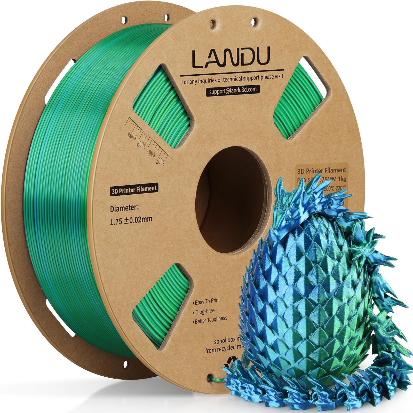 LANDU Silk Dual Color PLA Filament 1.75mm 1KG, 3D Printer Filament Dimensional Accuracy +/- 0.02mm, Coextrusion Filament PLA Shiny Filament Fits for Most FFF 3D Printers,1KG Spool (2.2lbs) Green Blue