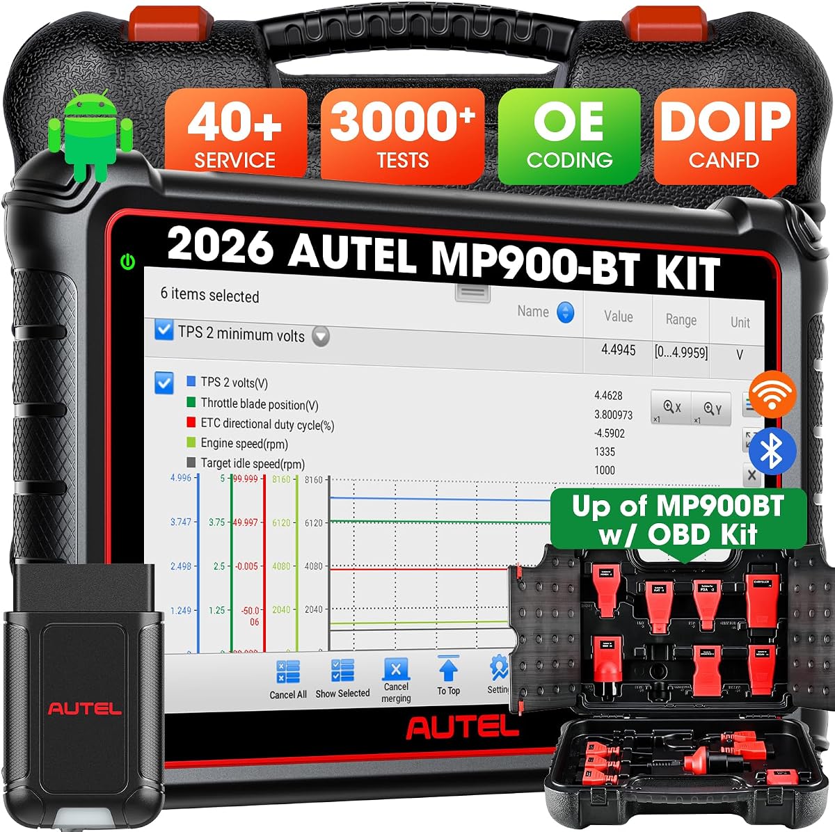 KIT Autel Scanner MaxiPRO MP900-BT: Hasta KIT MP900BT con 11 cables OBD | Codificación OE, más de 40 servicios de reinicio, más de 3000 pruebas bidireccionales, igual que MS906 MAX MS906 Pro, CAN FD y DO IP, más de 200 marcas, FCA SGW