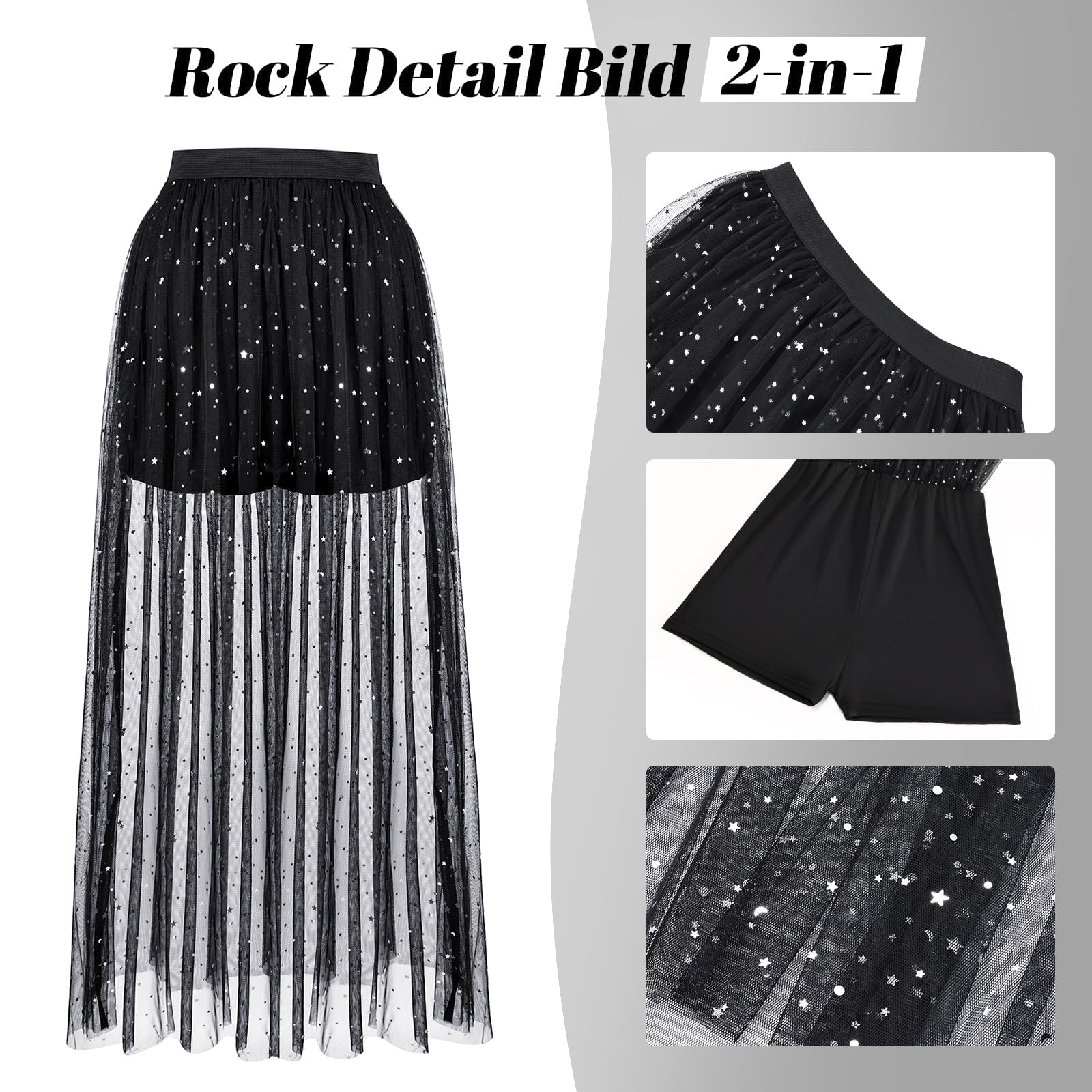 JasGood Jupe en tulle transparente 2 en 1 pour femme - Jupe en maille noire avec short - Taille haute - Jupe irrégulière cintrée pour fête et club