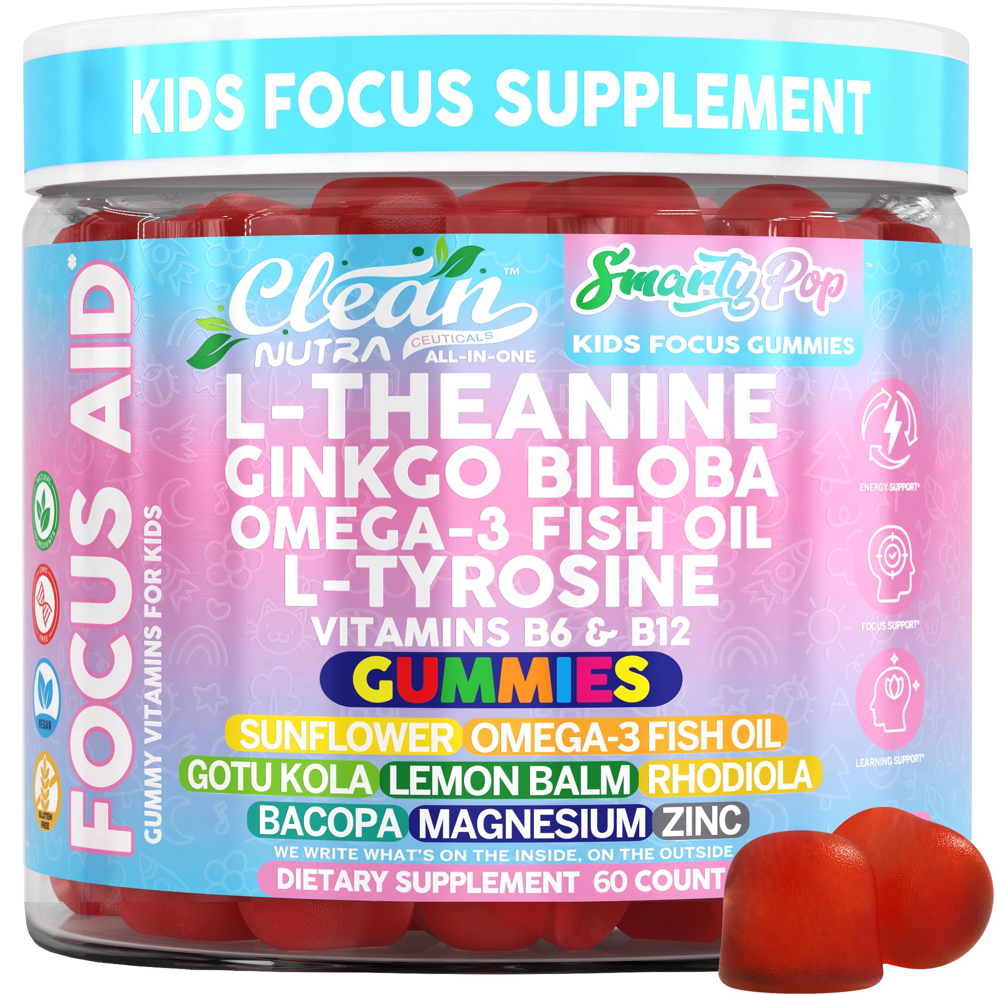 Amazon.com: Clean Nutra Kids Focus Gummies with L-Theanine, Ginkgo