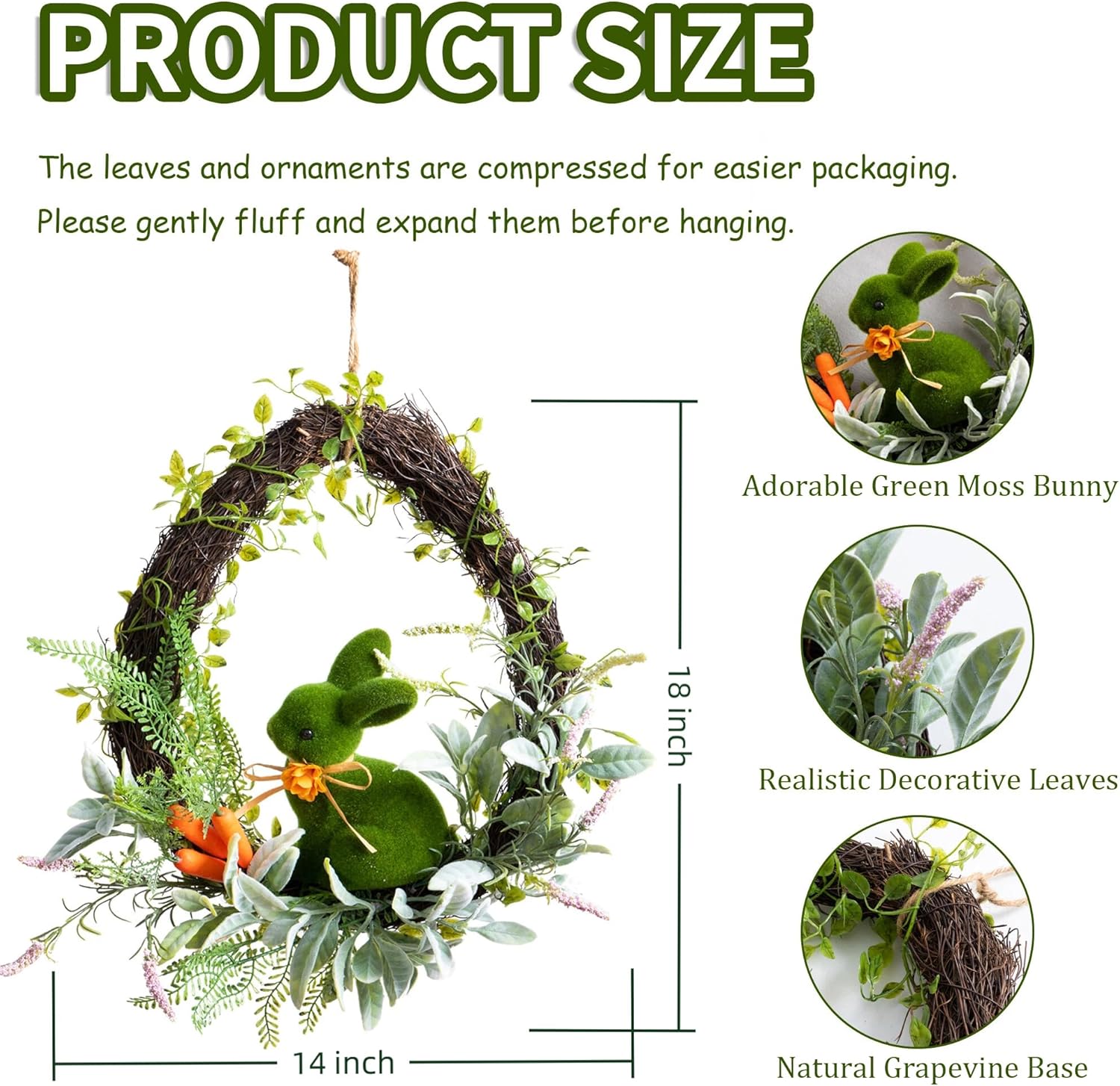 Easter Wreath for Front Door 18” Rustic Moss Bunny Floral Wreath Rabbit Decorations Spring Decor Door Wreath for Home Party Easter Gifts Celebrations