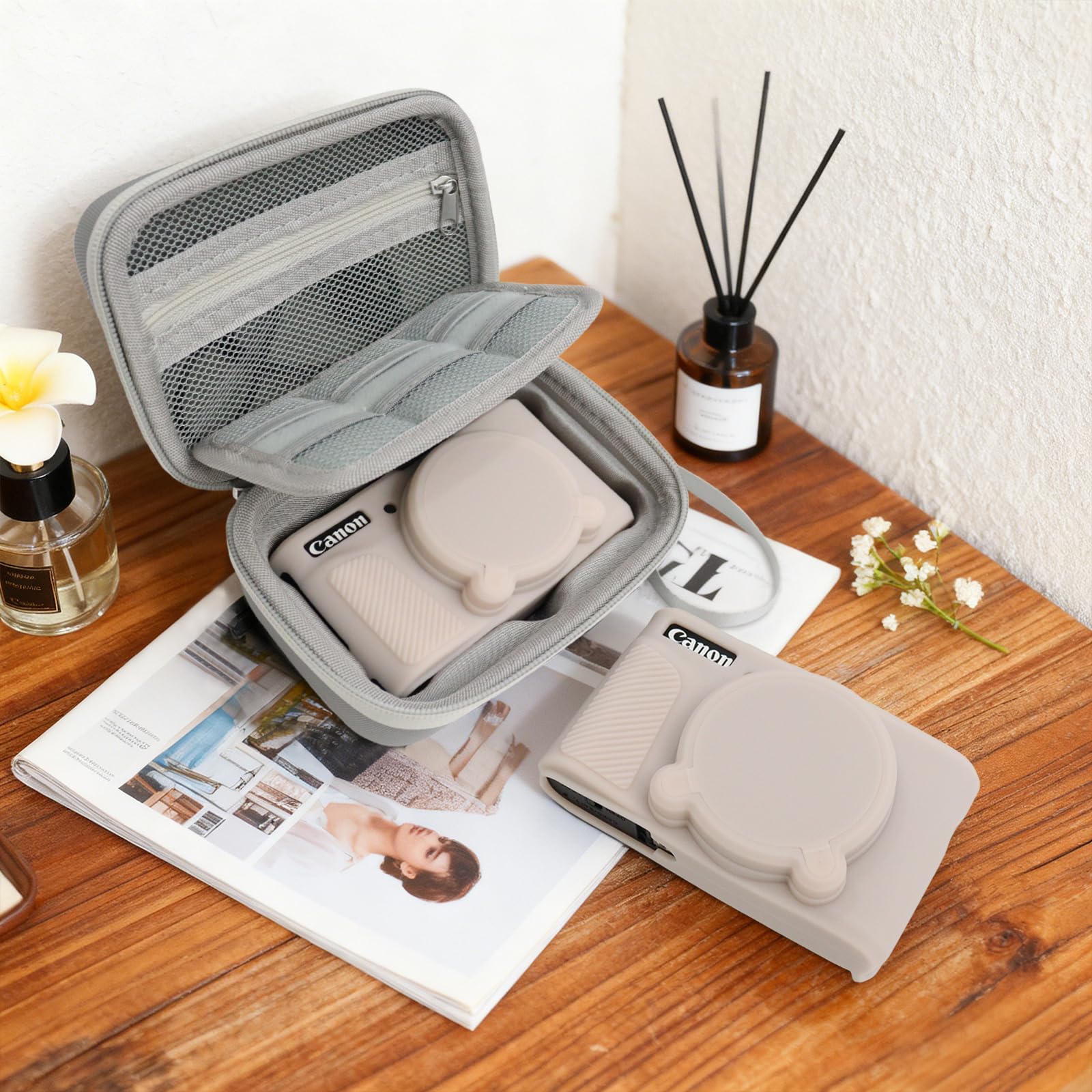 VOVMOEYA Custodia per fotocamera PowerShot SX730/SX740 HS, sx730/740 hs, kit di accessori, custodia rigida in EVA + custodia protettiva in silicone morbido + 2 pellicole temperate LCD, Grigio/rosa