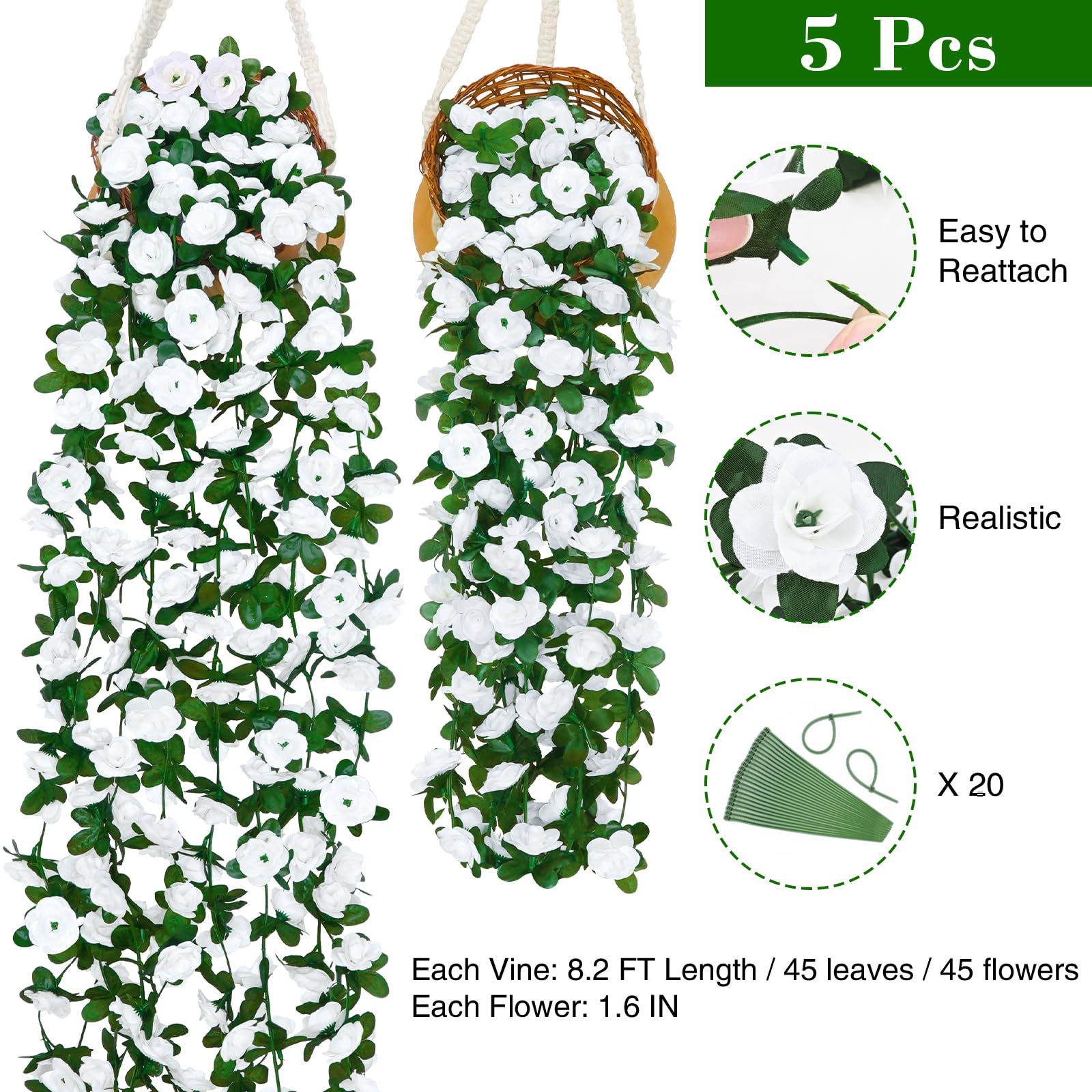 BLEUM CADE Künstliche Rosenranken für Schlafzimmer, niedliche hängende Blumenranken, Blumengirlande, Dekorationen für Hochzeit, Party, Wand, Raumdekoration, ästhetisch, 5 Stück