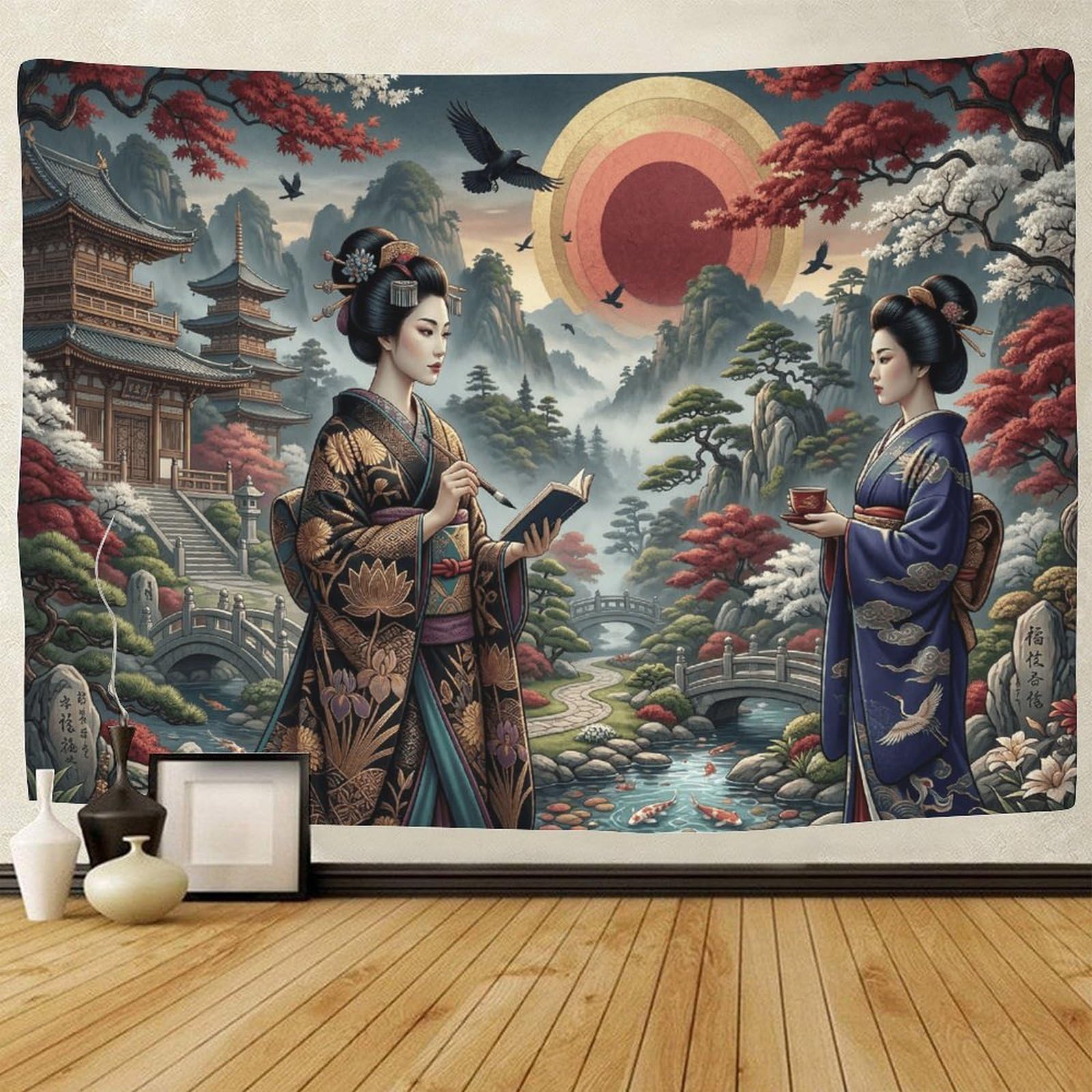 GPMNBCXZK Japanese Geisha 3D Printed Wall Decor Art Traditional Landscape for Living Room Bedroom Dorm 180cmx230cm