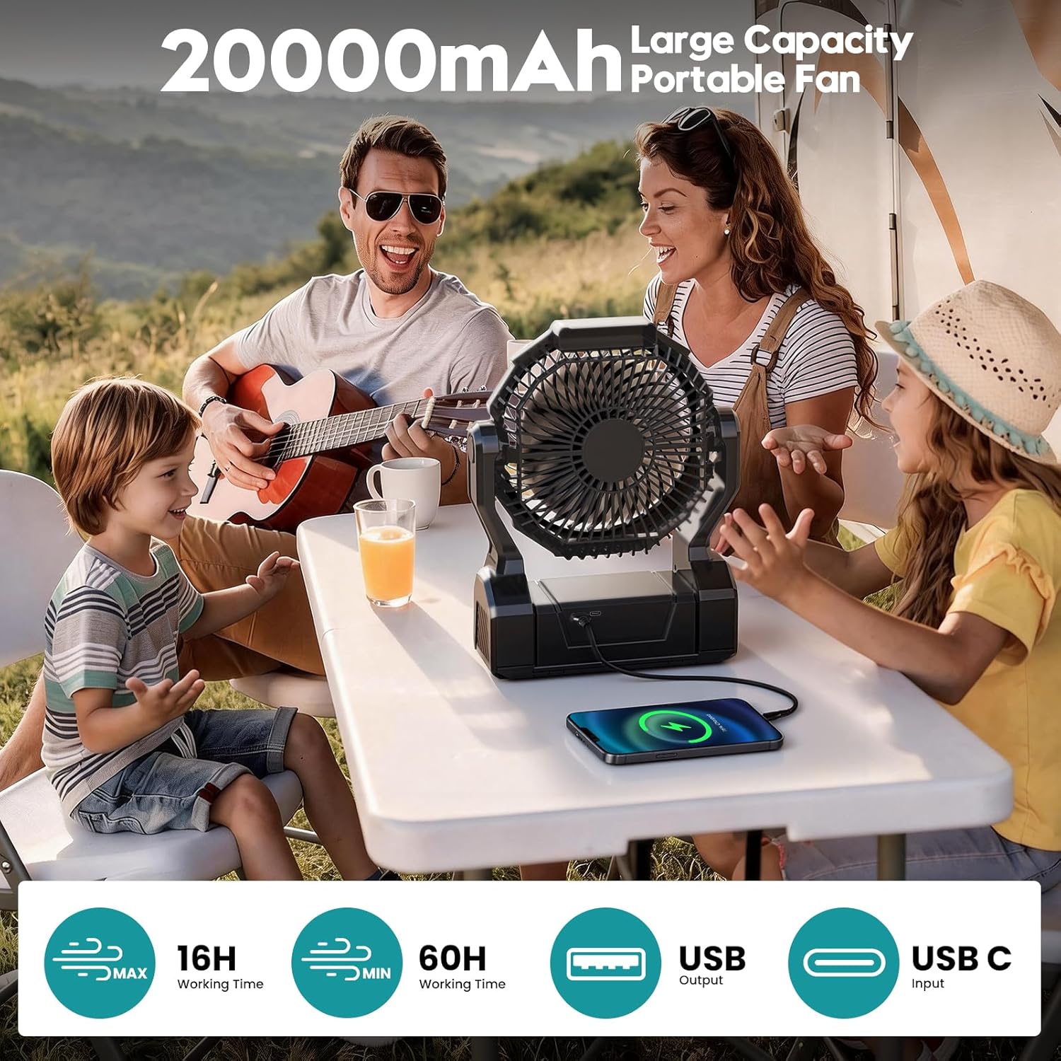 XZK Camping Fan Rechargeable, 20000mAh Battery Powered Portable Tent Fan with 4 Speeds & 3 Timer & 2 LED Lights, USB-C Cordless Fan with Hanging Hook for Bedroom Office - Black