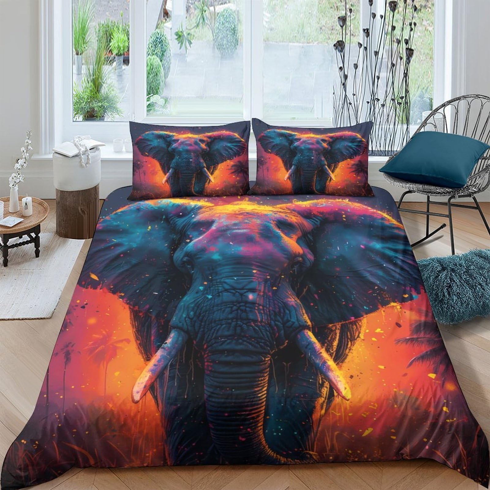 Ctjqhvkz Style-2 3D Printed Fiery Elephant Fitted Sheet Microfiber Orange Blue Mattress Cover Anti-Slip For Bedroom Guest Room Decor Single（135X200cm）