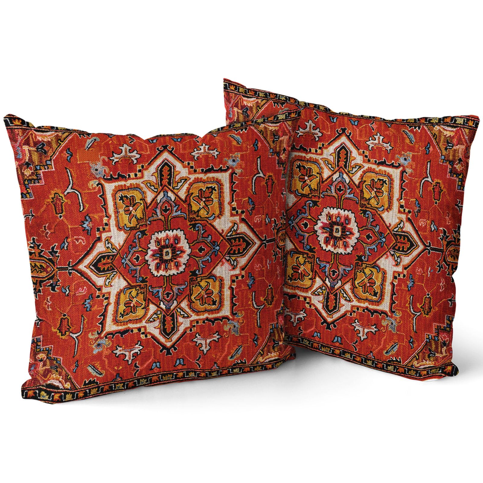 Red Orange Aztec Vintage Bohemian Pillow Covers 24x24 Inch Boho Flower Rug Print Oriental Carpet Pillowcase Set 2 Antique Tapestry Rustic Retro Farmhouse Throw Pillows For Cushion Sofa Couch Outdoor — image 1