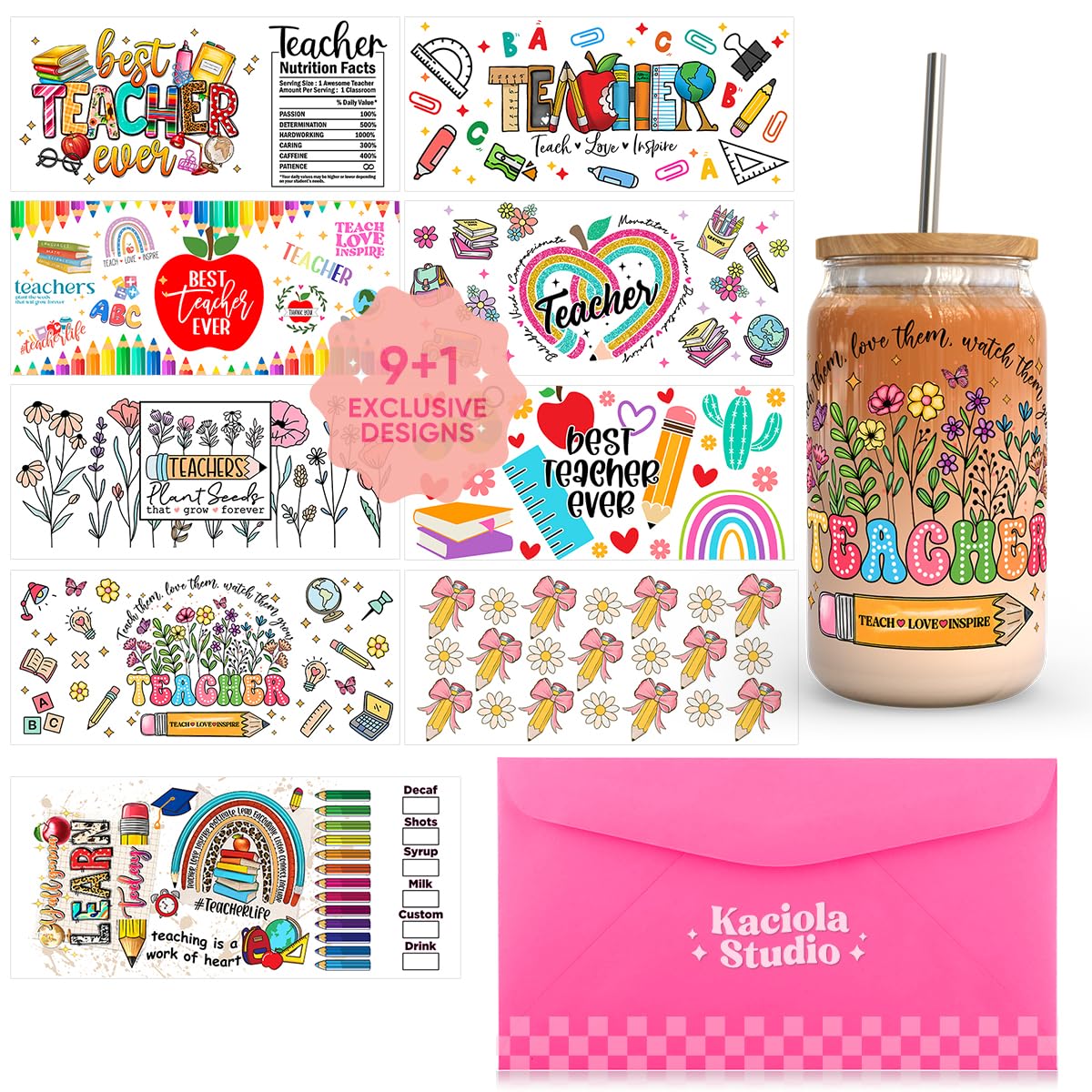 Kaciola 9 Sheets UV DTF Cup Wraps for 16 oz- Teacher Theme UV DTF Stickers, 1 Sheet Mysterious Pattern Transfer, Rub on Transfers Stickers for 16 oz Libbey Glasses Crafting