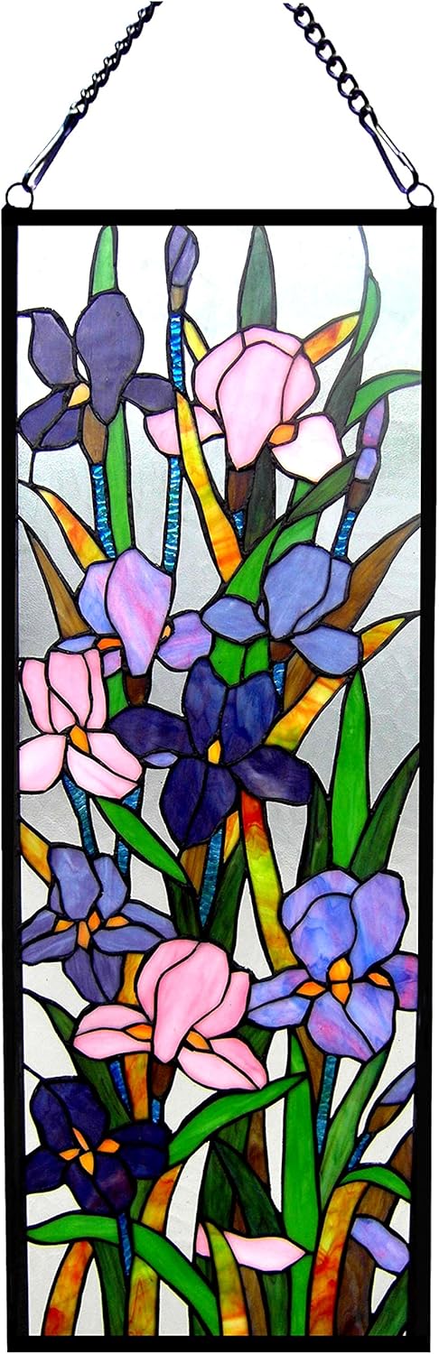 Tiffany-Glass Iris Design Window Panel 11.5x31.5