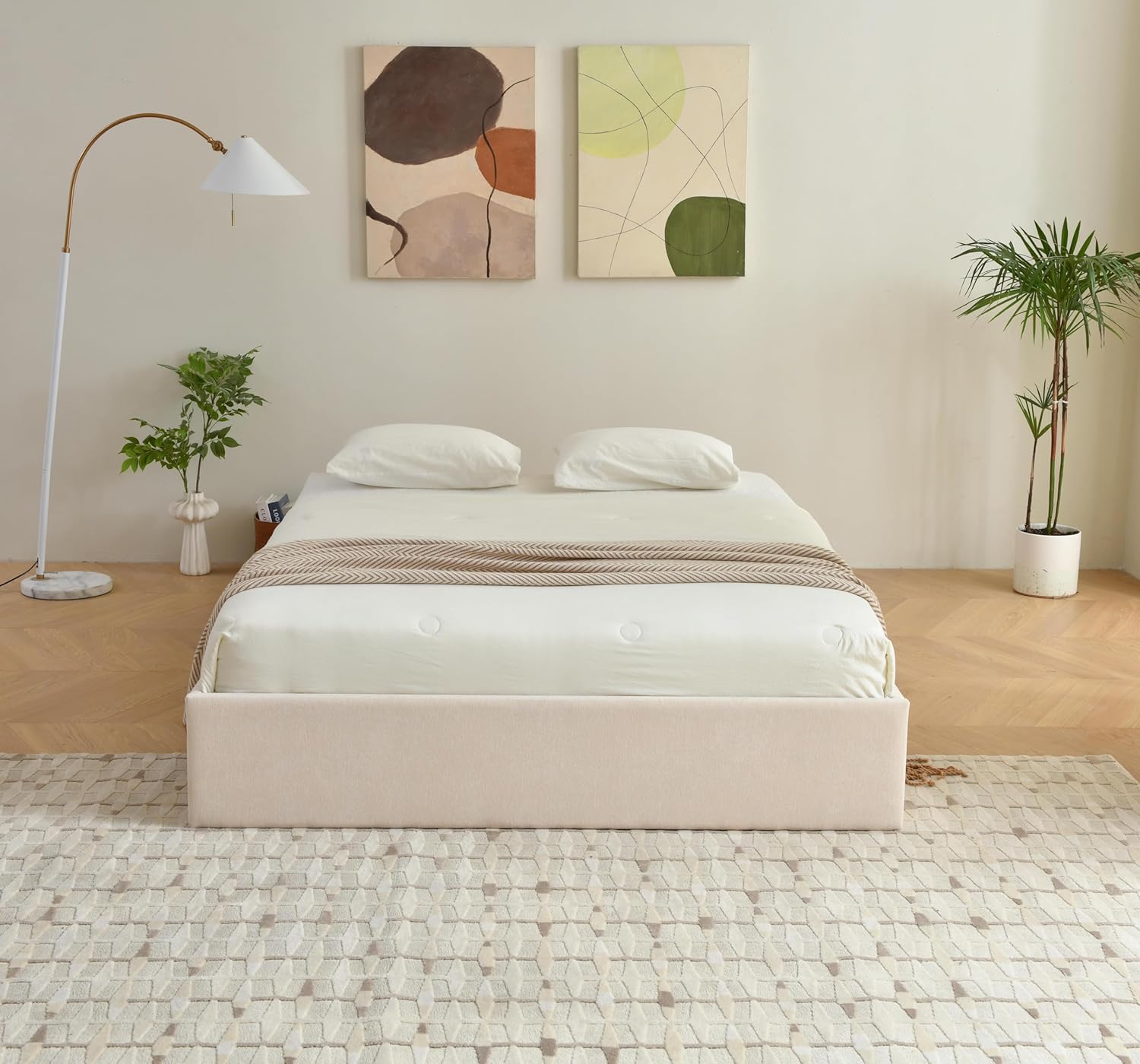 Hydraulic Lift up Upholstered Storage Bed with Large Storage Space, No Headboard Design for Bedroom (Beige, Queen (U.S. Standard))