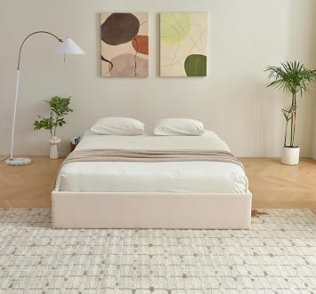 Hydraulic Lift up Upholstered Storage Bed with Large Storage Space, No Headboard Design for Bedroom Beige, Full