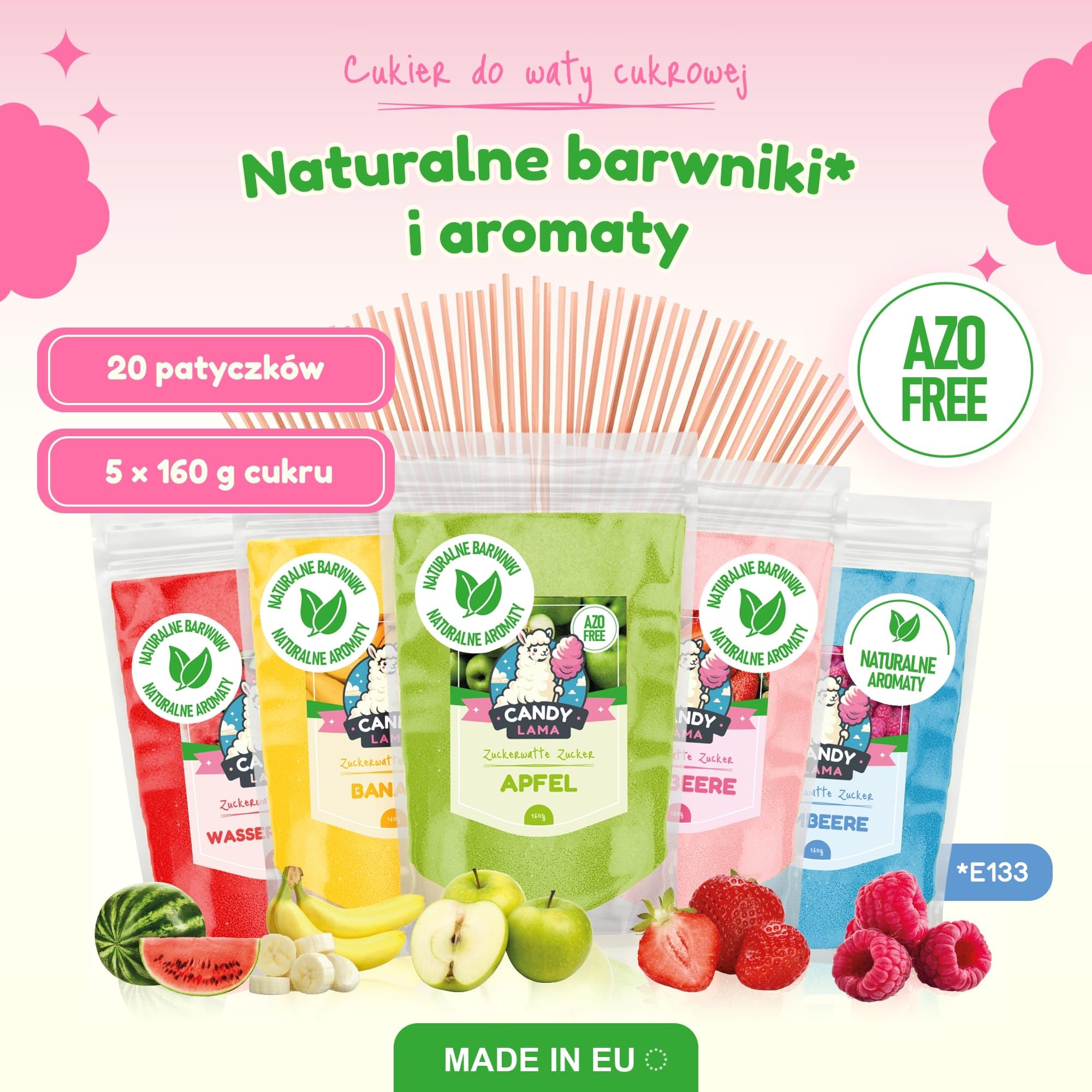 CANDY LAMA Zestaw cukrów do waty cukrowej, zestaw imprezowy 5 x 160g: Truskawka, Malina, Jabłko, Banan i Arbuz, w zestawie 20 patyczków do waty cukrowej, do maszynki