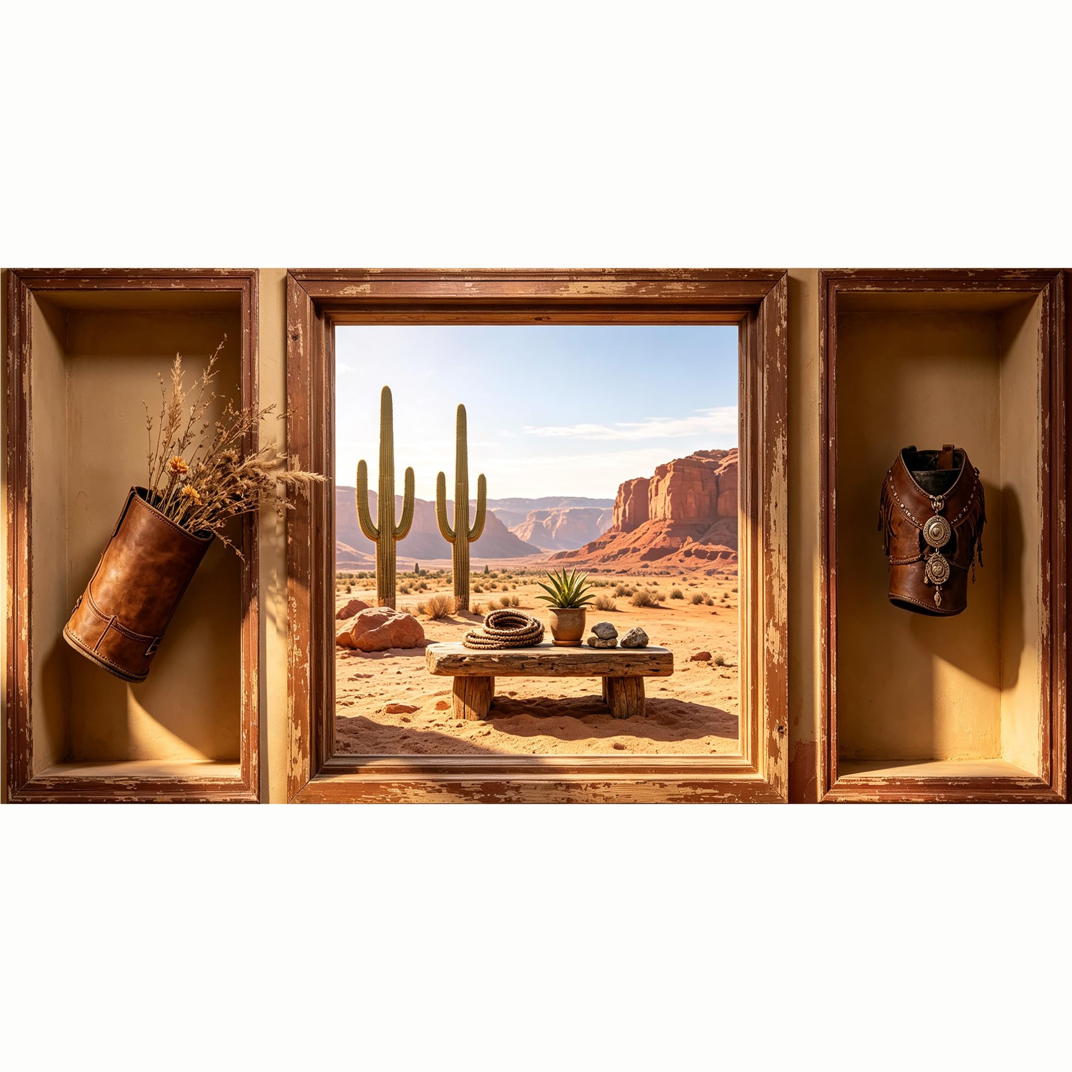 QZLITHOTIC 50x100cm 3D Framed Wall Art， Western Desert Cactus Landscape SelfAdhesive Mural， WaterActivated Peel & Stick Fabric Decor Wall Decal for Bedroom Living Room